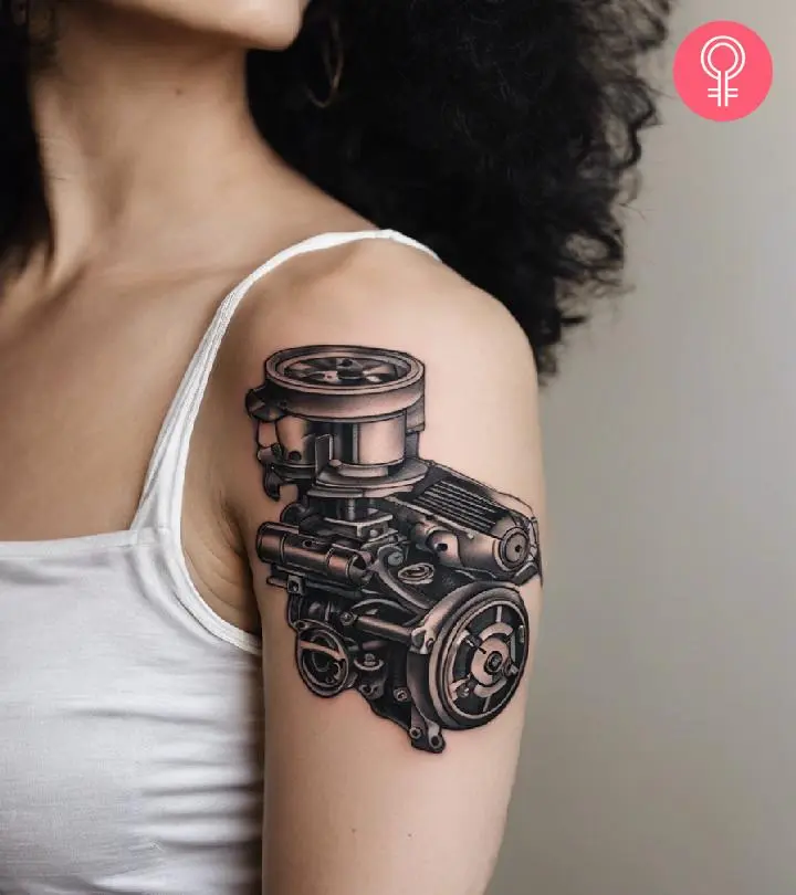 An engine tattoo on a woman’s upper arm