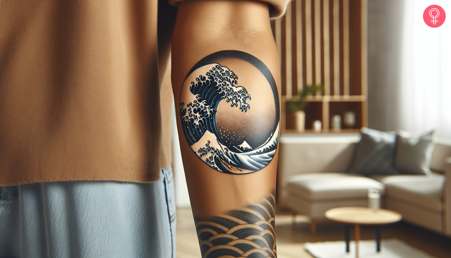 An enso wave tattoo on a woman’s forearm