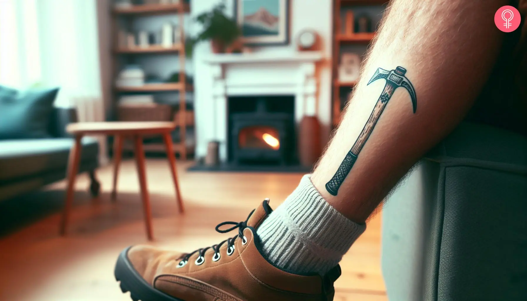 An ice axe tattoo on a man’s leg