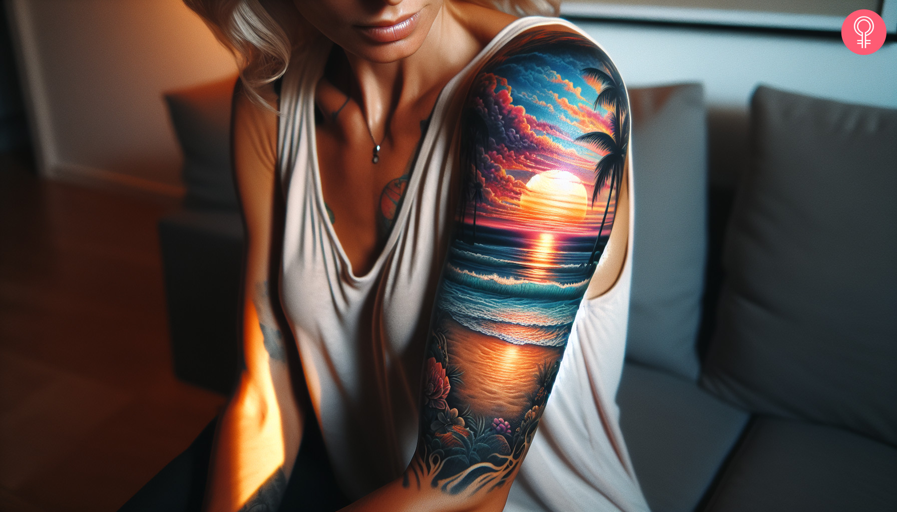 An illustrative and colorful beach sunset tattoo