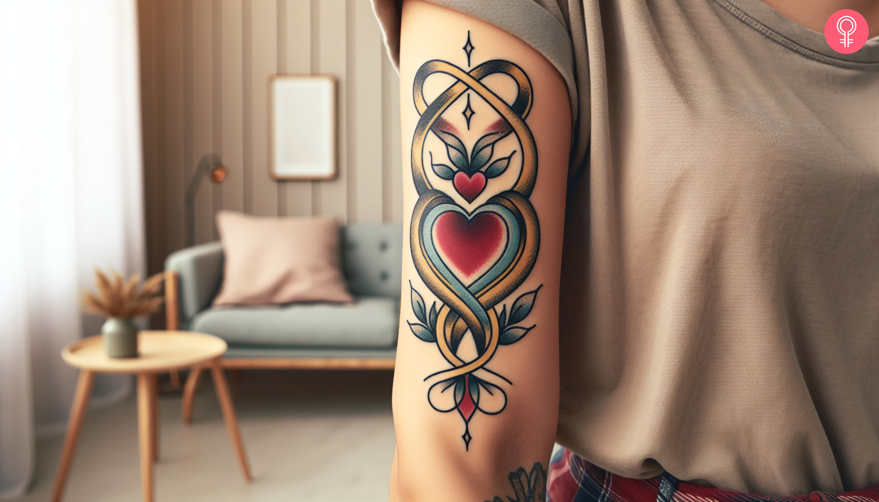 An infinity heart tattoo on a woman’s upper arm