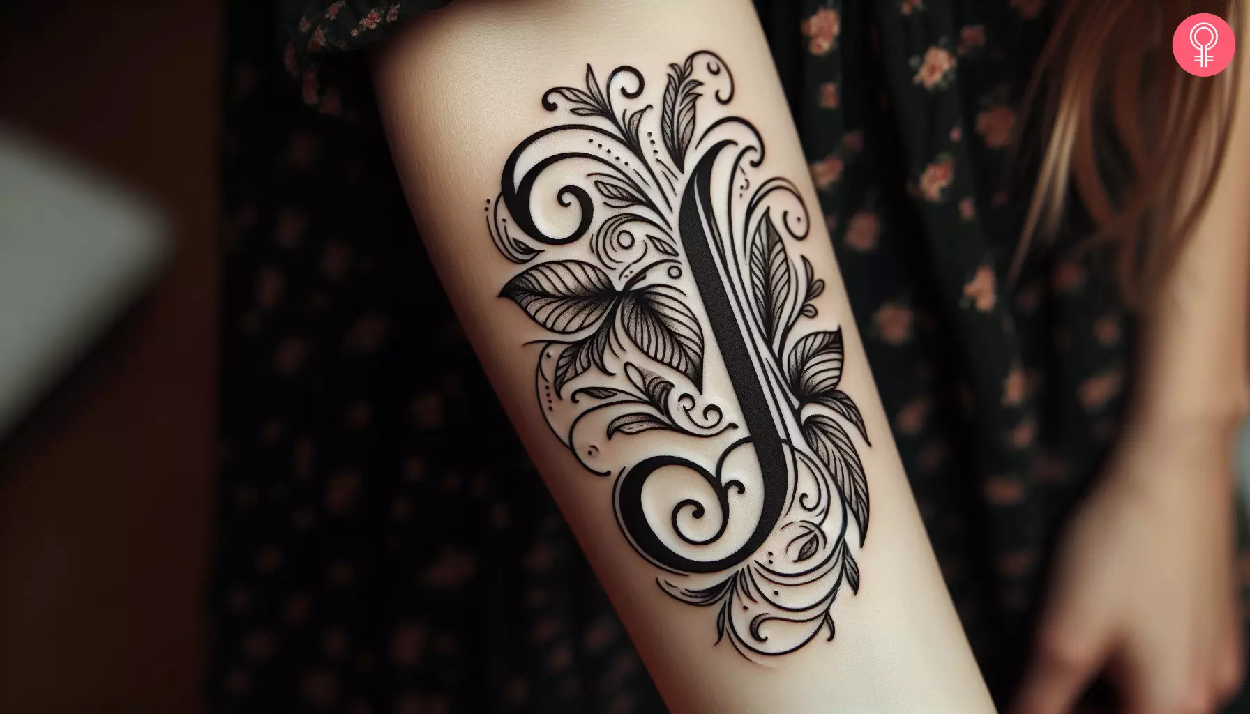 An intricate letter ‘J’ tattoo inked on the forearm