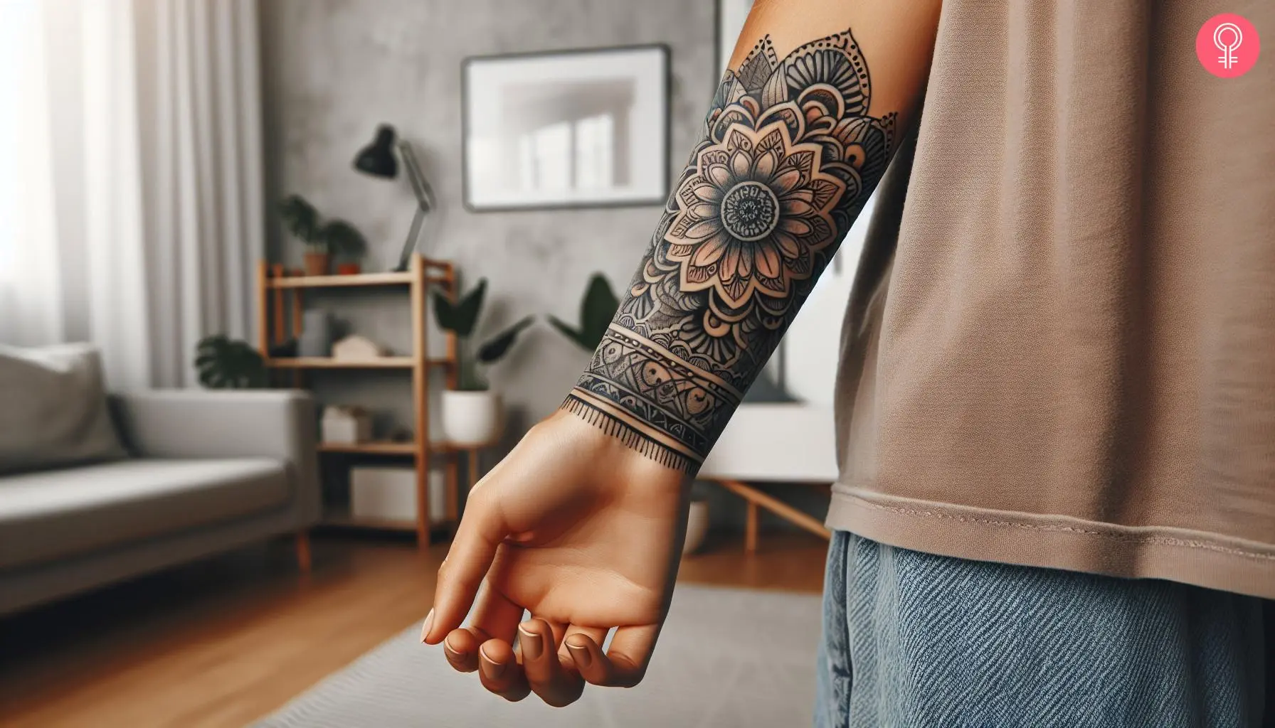 An intricate mandala wrist cuff tattoo