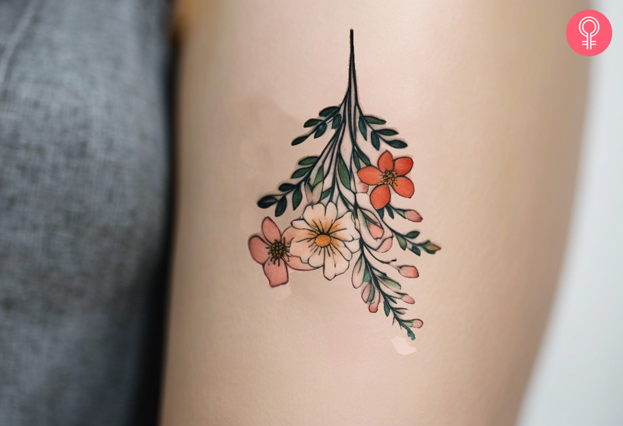 An inverted flower tattoo on a woman’s upper arm