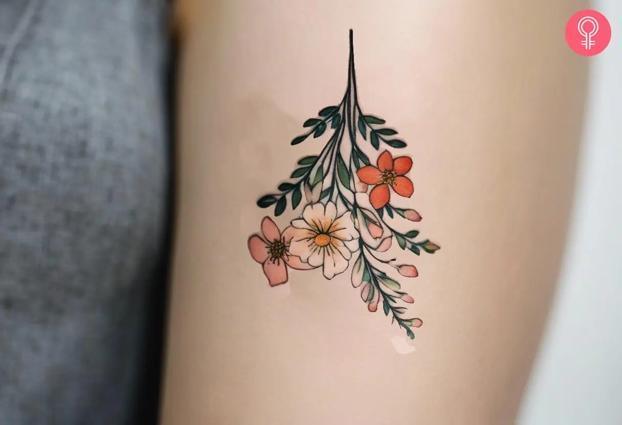 An inverted flower tattoo on a woman’s upper arm