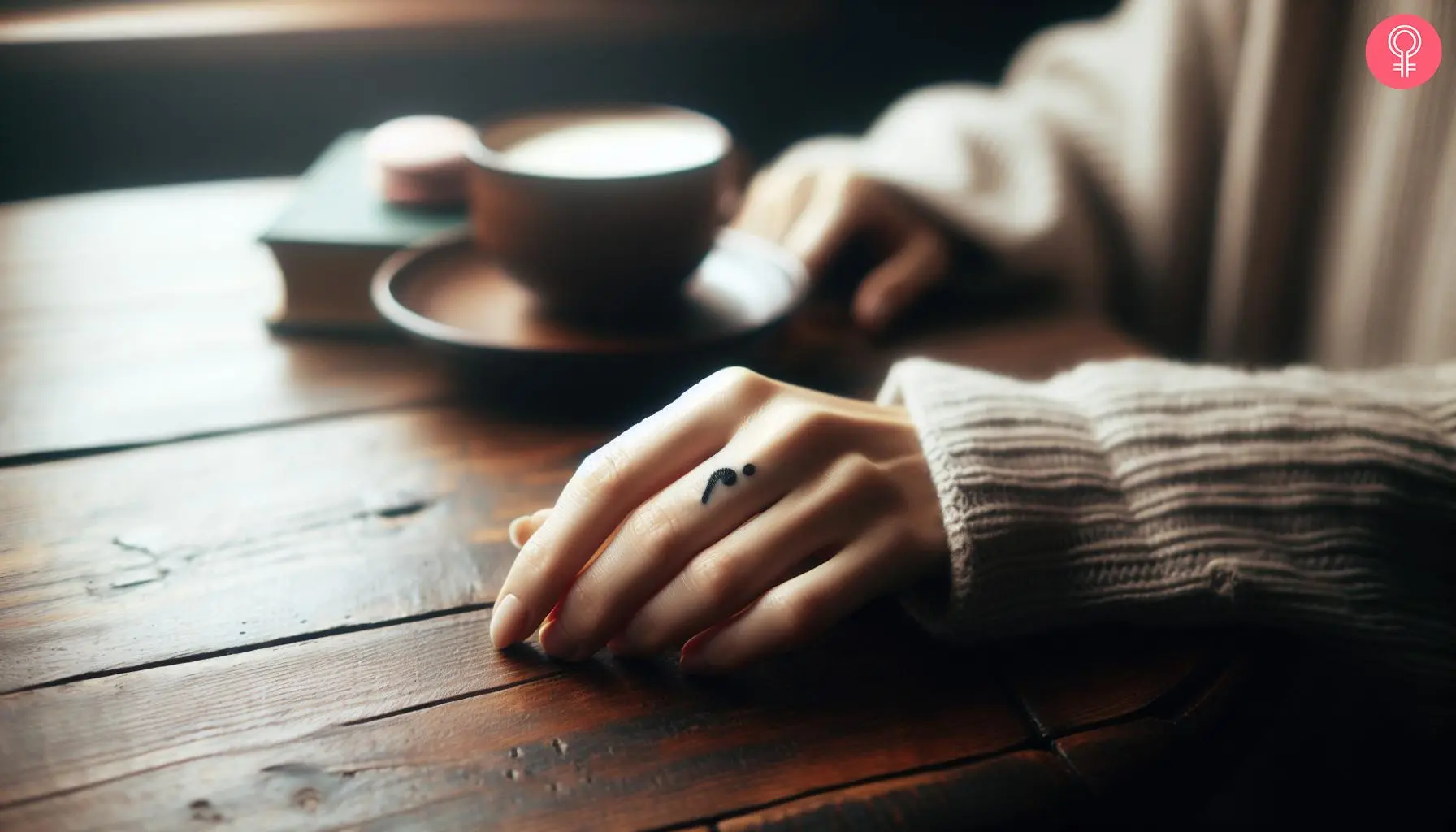 An inverted semicolon design on the finger