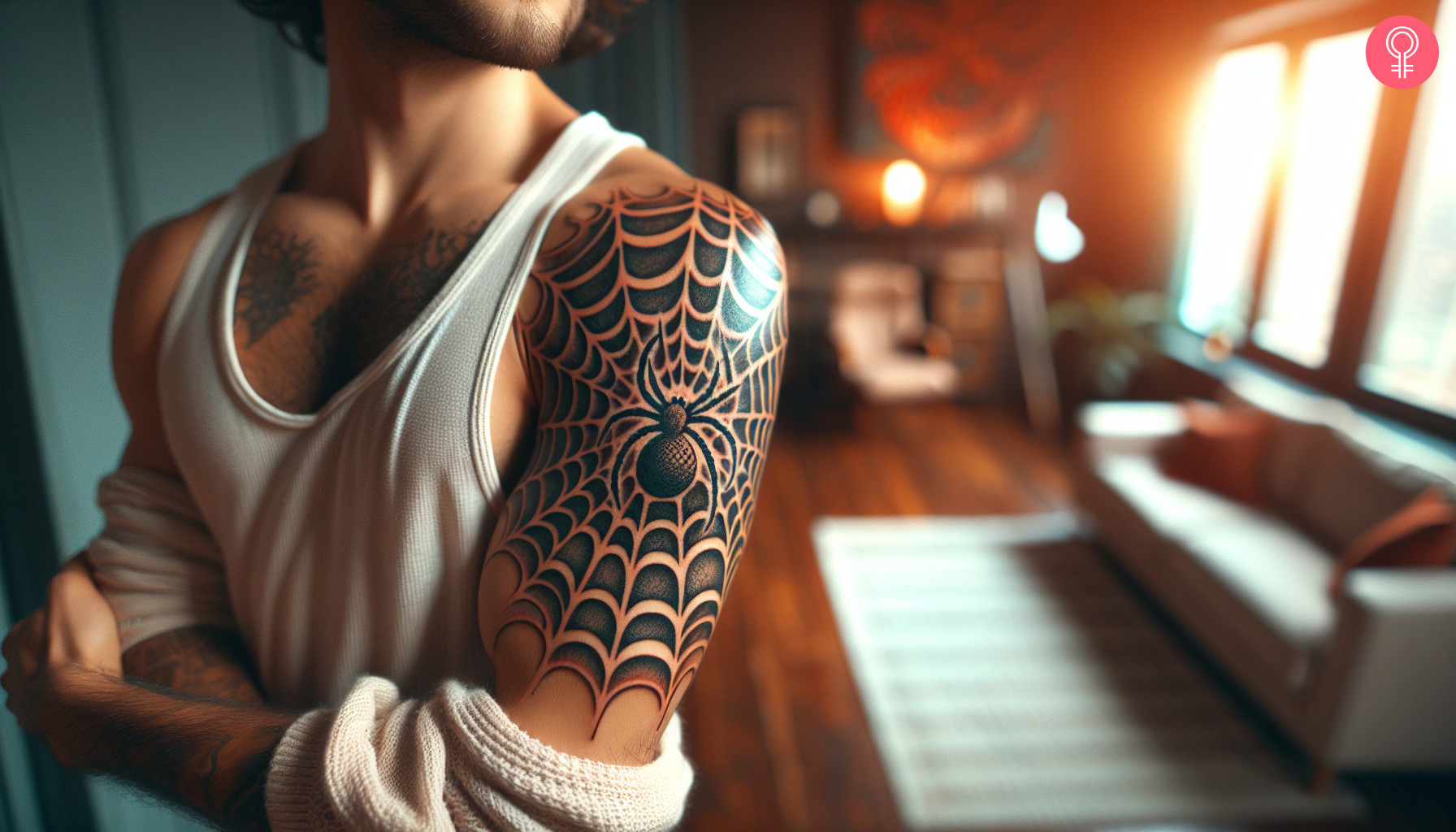 An inverted spider web tattoo on a man’s upper arm