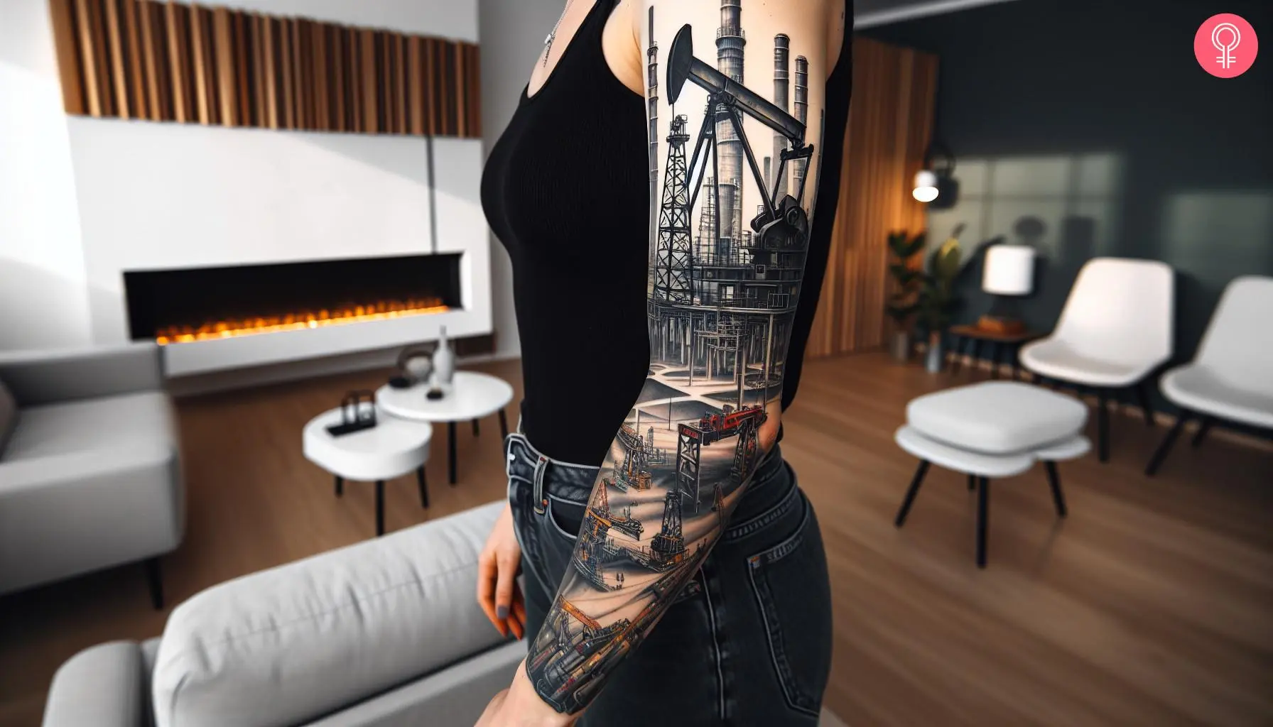 An oilfield sleeve tattoo on a man