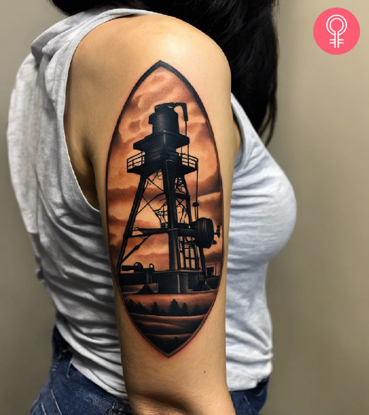 Edgy body art comprising a wide range of elements representing the oil and gas industry.