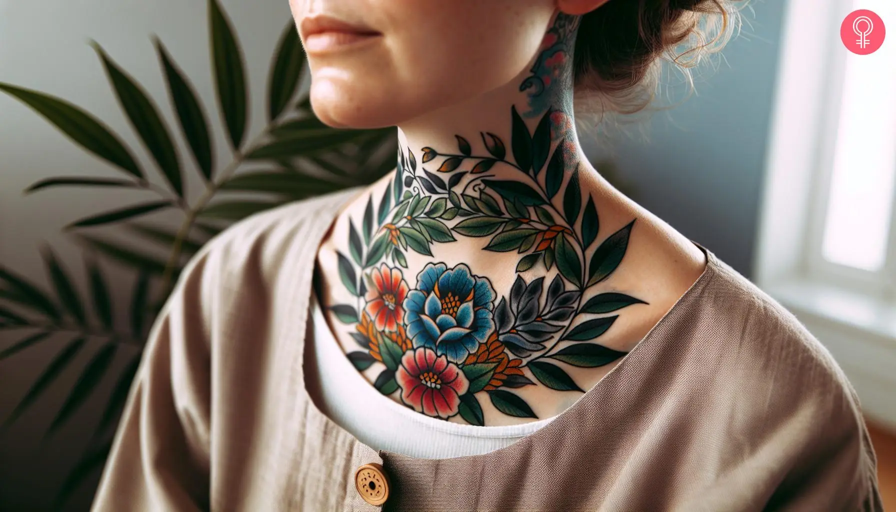 An old-school laurel wreath tattoo on a woman’s neck