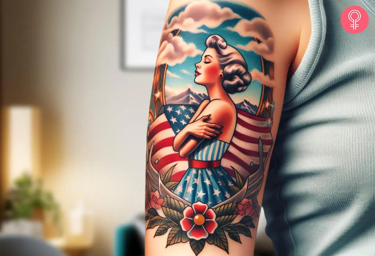 An old-school pin-up girl tattoo on a woman’s upper arm