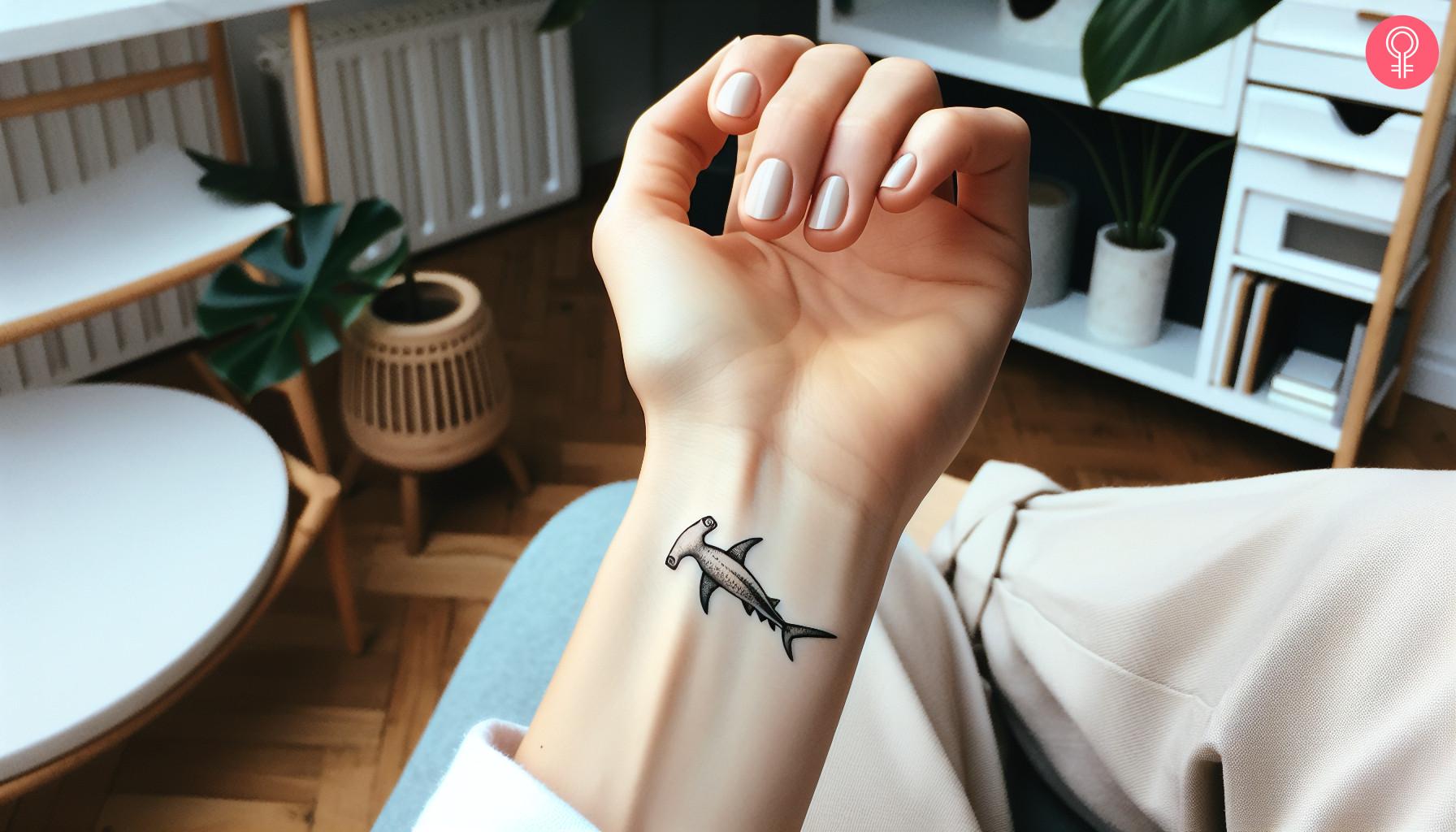 An outline hammerhead shark tattoo on the wrist