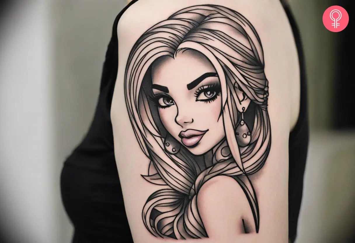 An outline tattoo of Cloe on the upper arm