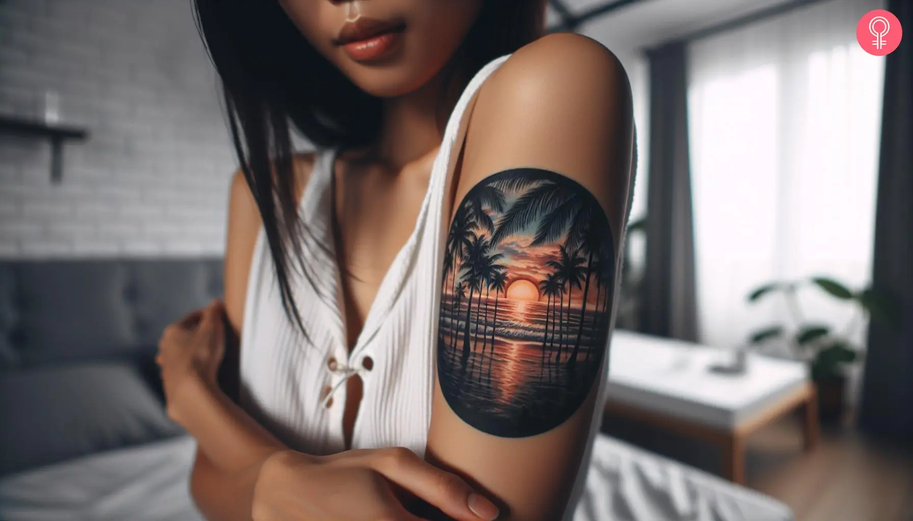 An oval-shaped tattoo featuring a stunning beach sunset