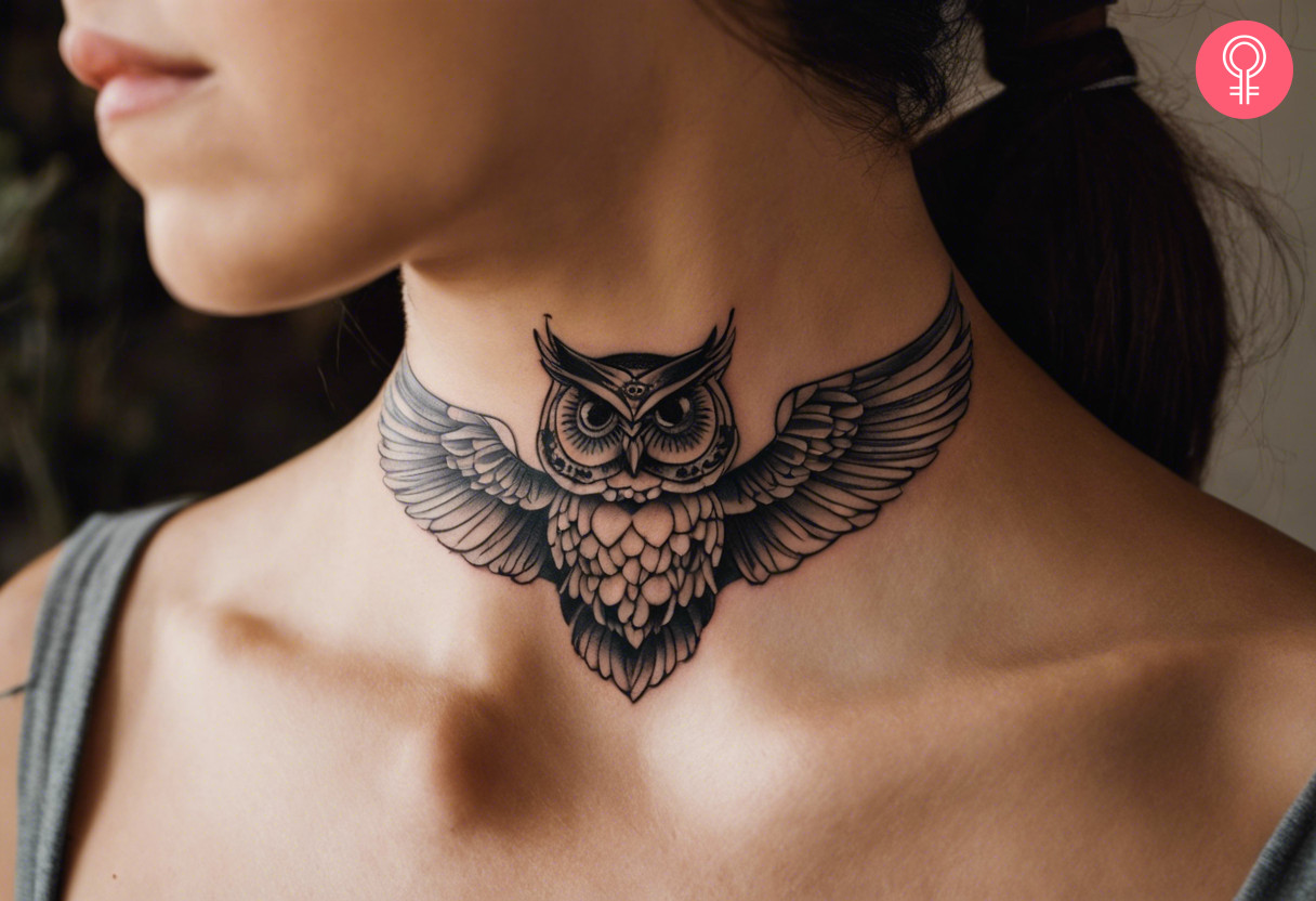 An owl neck tattoo with wings on a woman’s neck