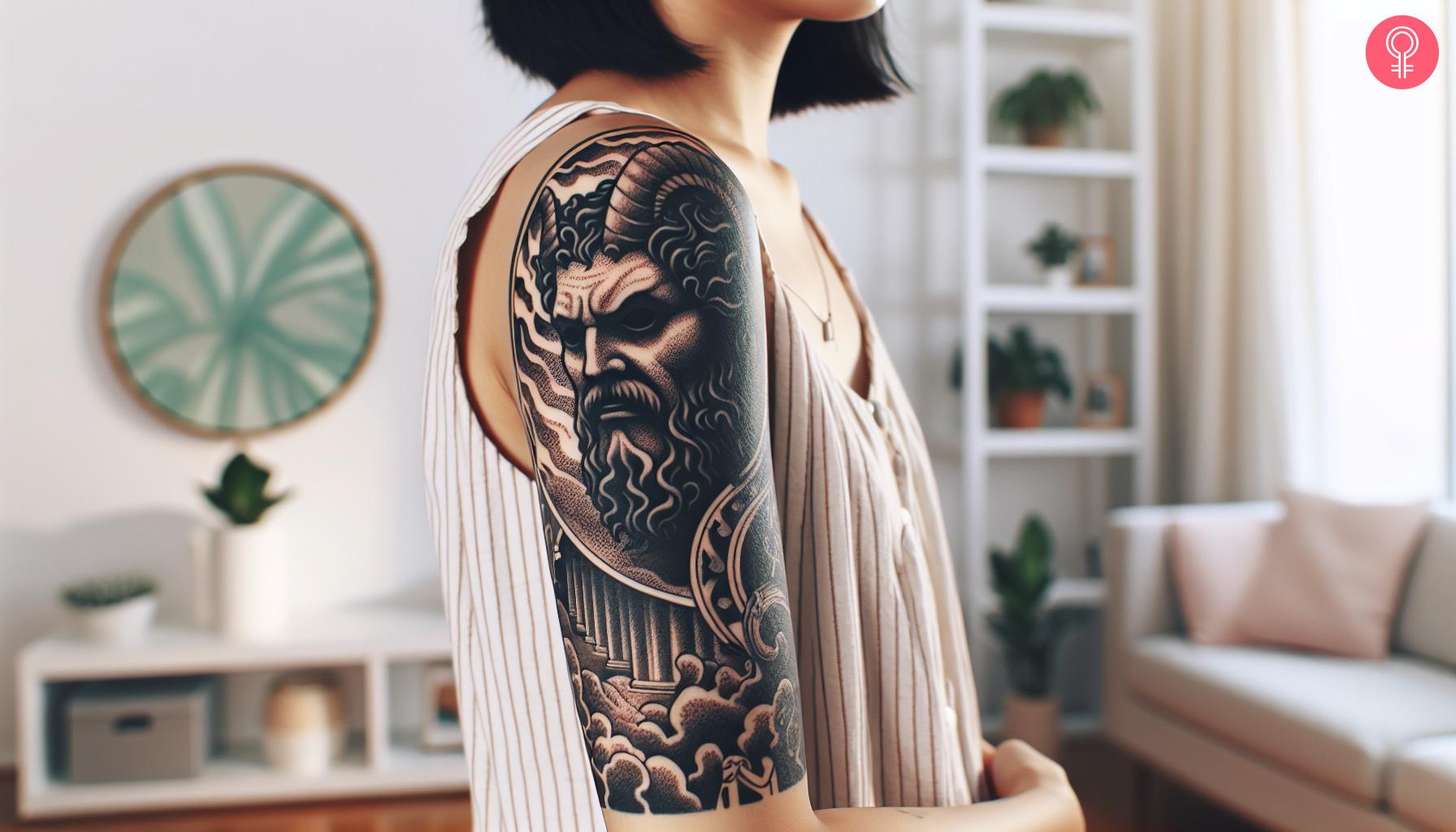 An underworld Hades tattoo on the upper arm