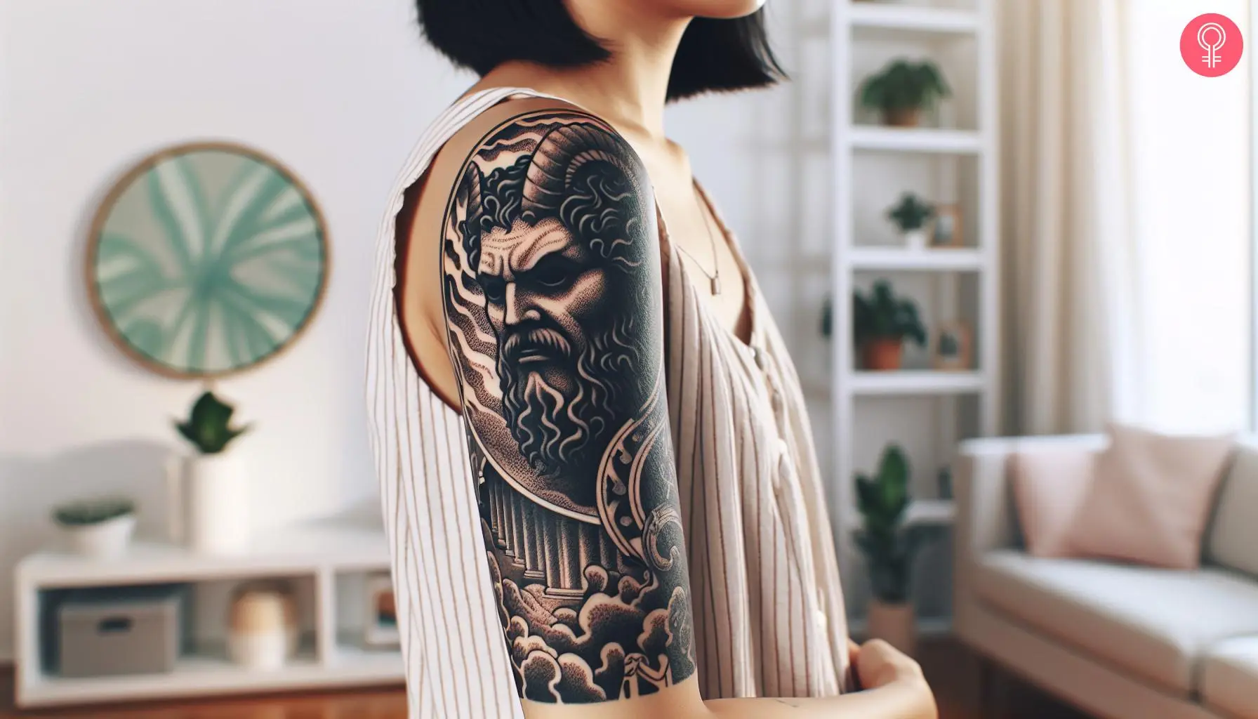 An underworld Hades tattoo on the upper arm