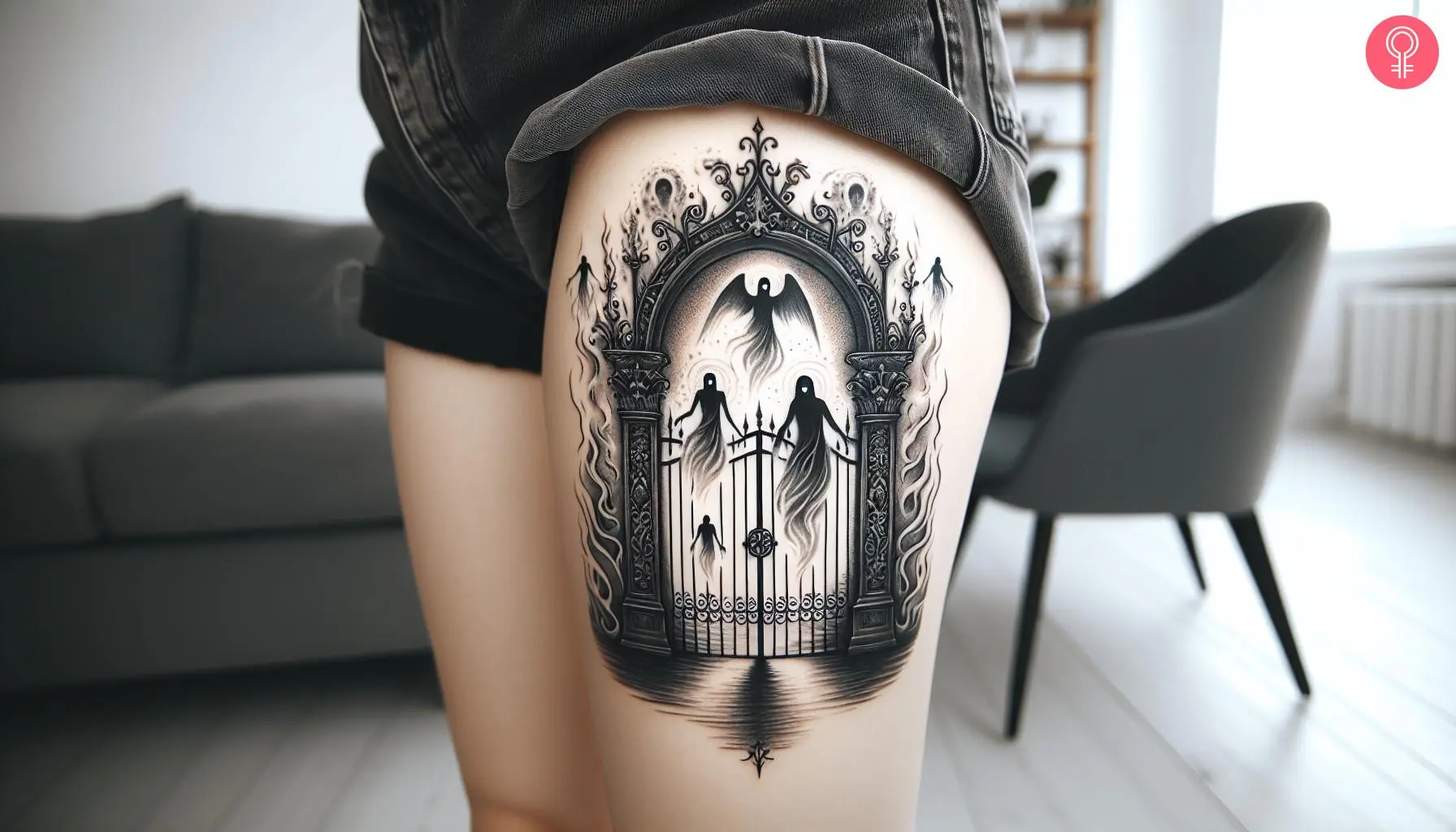 An underworld gates of hell tattoo on the thigh