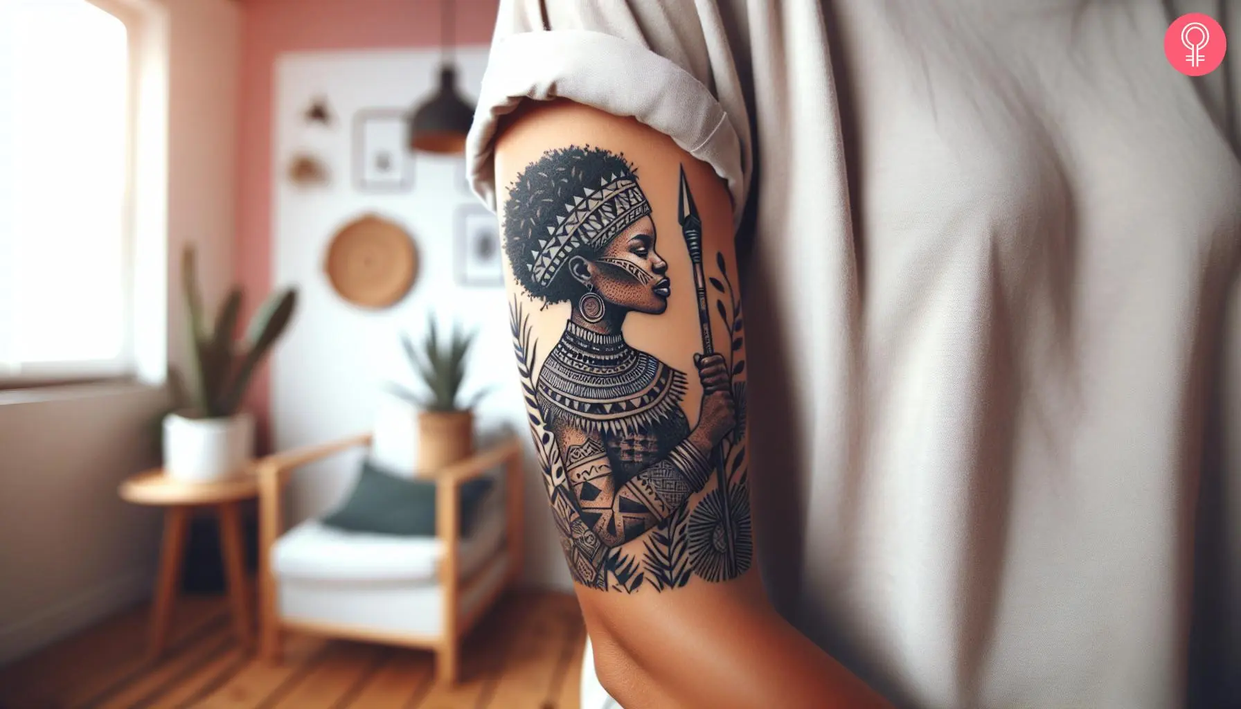 An upper arm African woman warrior tattoo