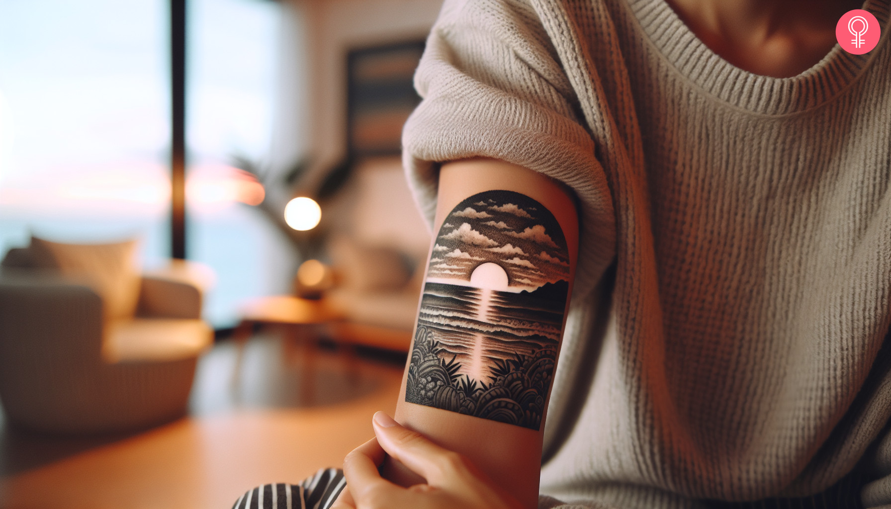 An upper arm black and white beach sunset tattoo