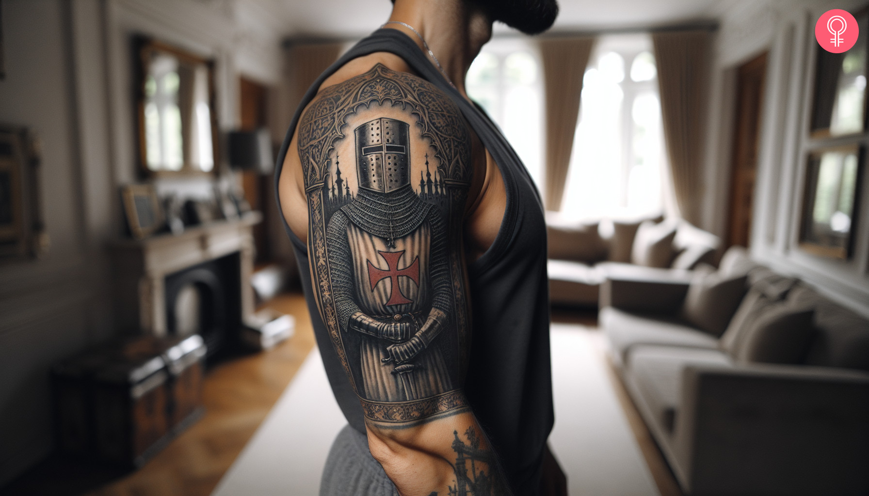  An upper arm tattoo of a crusading soldier