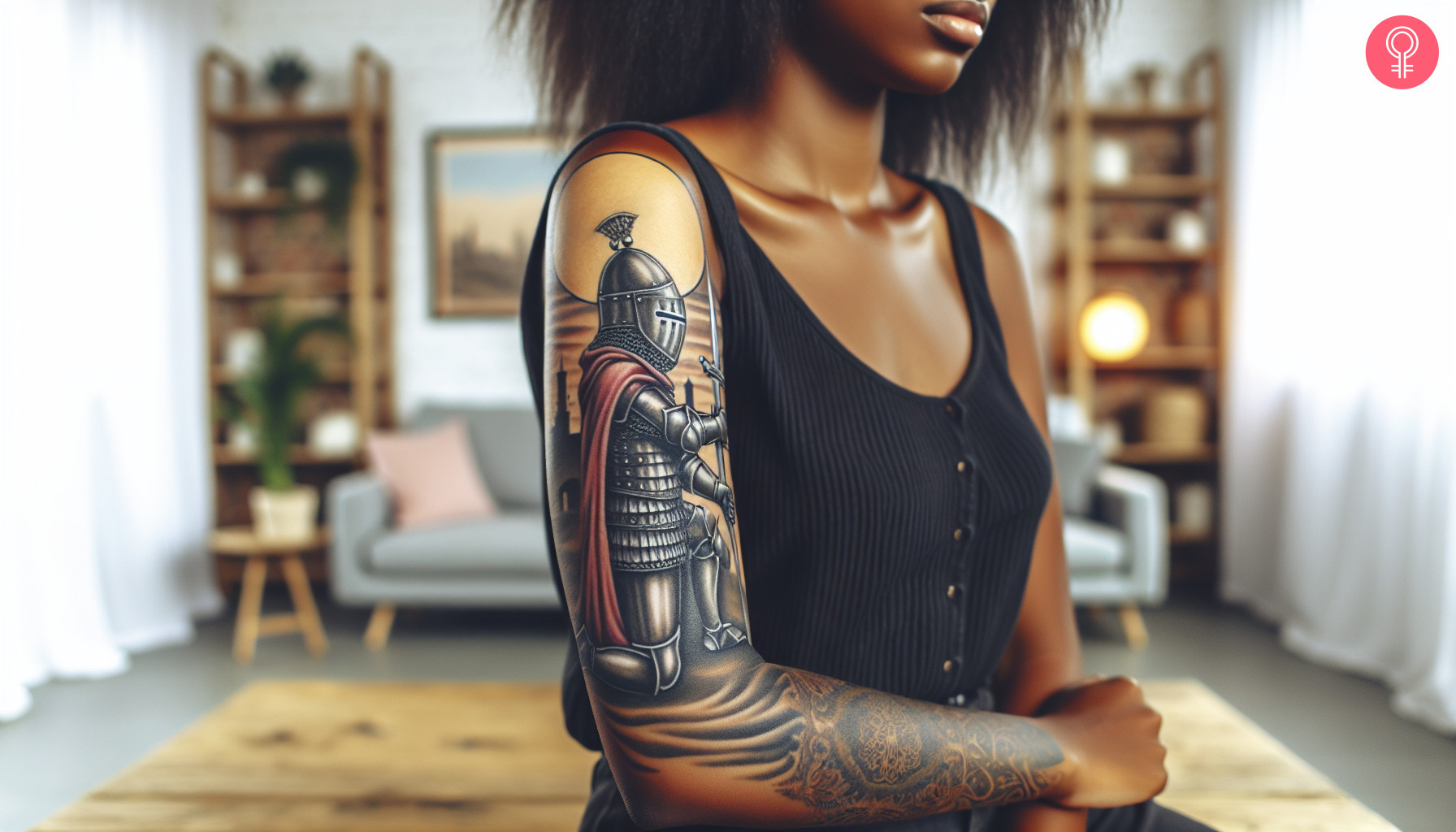 An upper arm tattoo of a kneeling crusading soldier