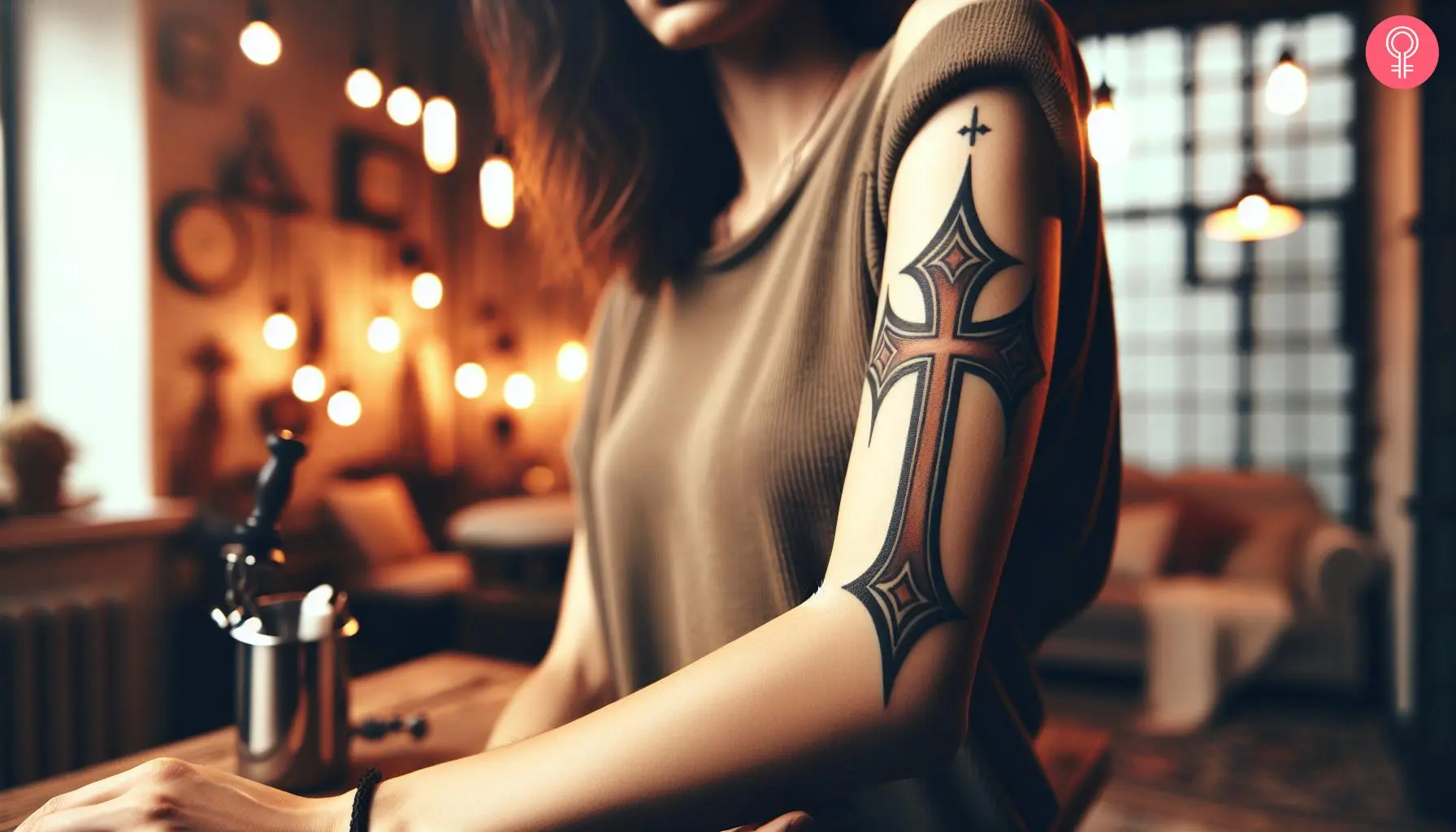 An upper arm tattoo of a red Crusader Cross