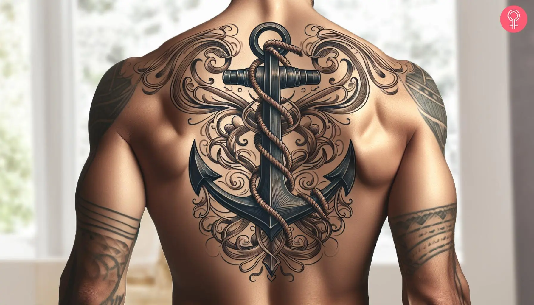 A tattoo of anchor and rope on a man’s back