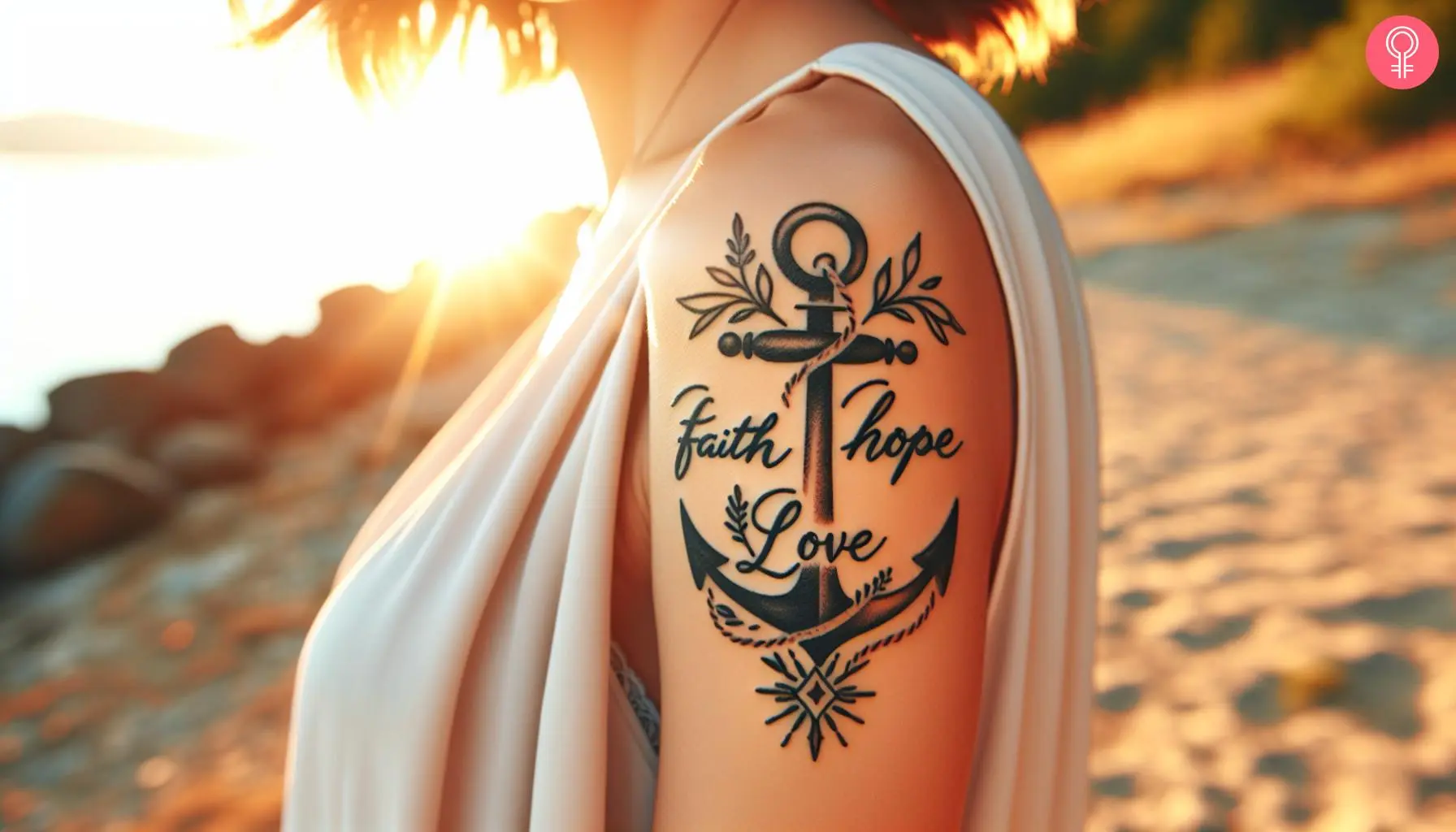 Anchor faith hope love tattoo on the upper arm of a woman