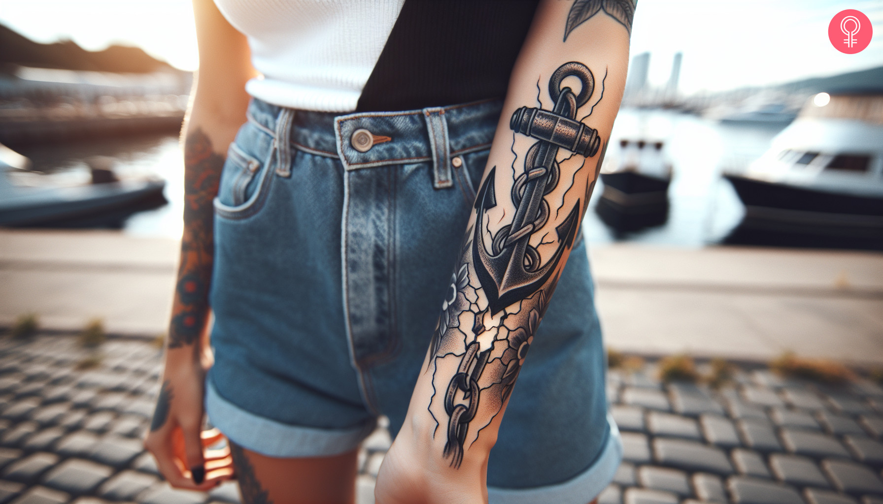 Woman with an anchor with broken chain tattoo on the forearm