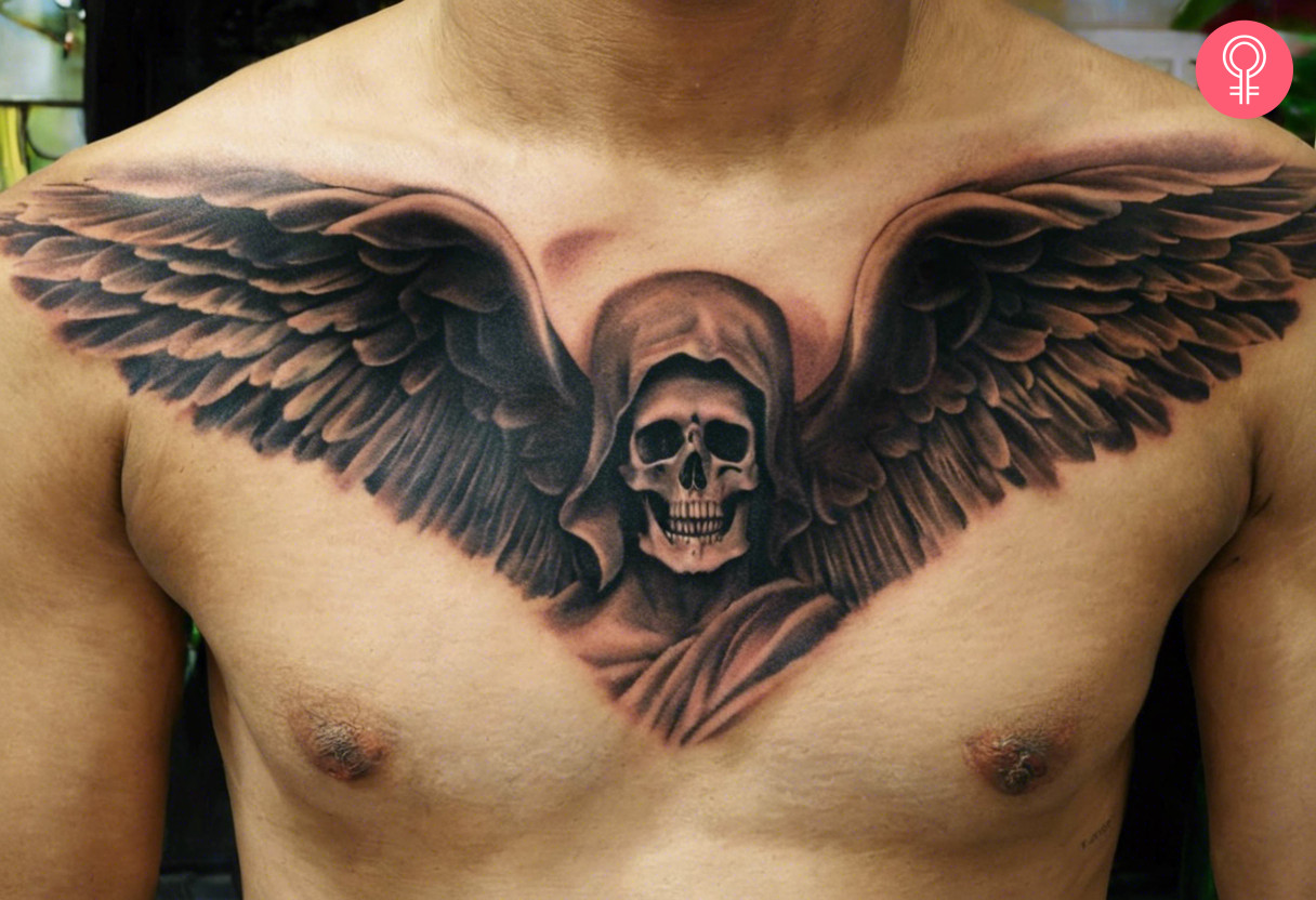 An angel of death tattoo on the chest