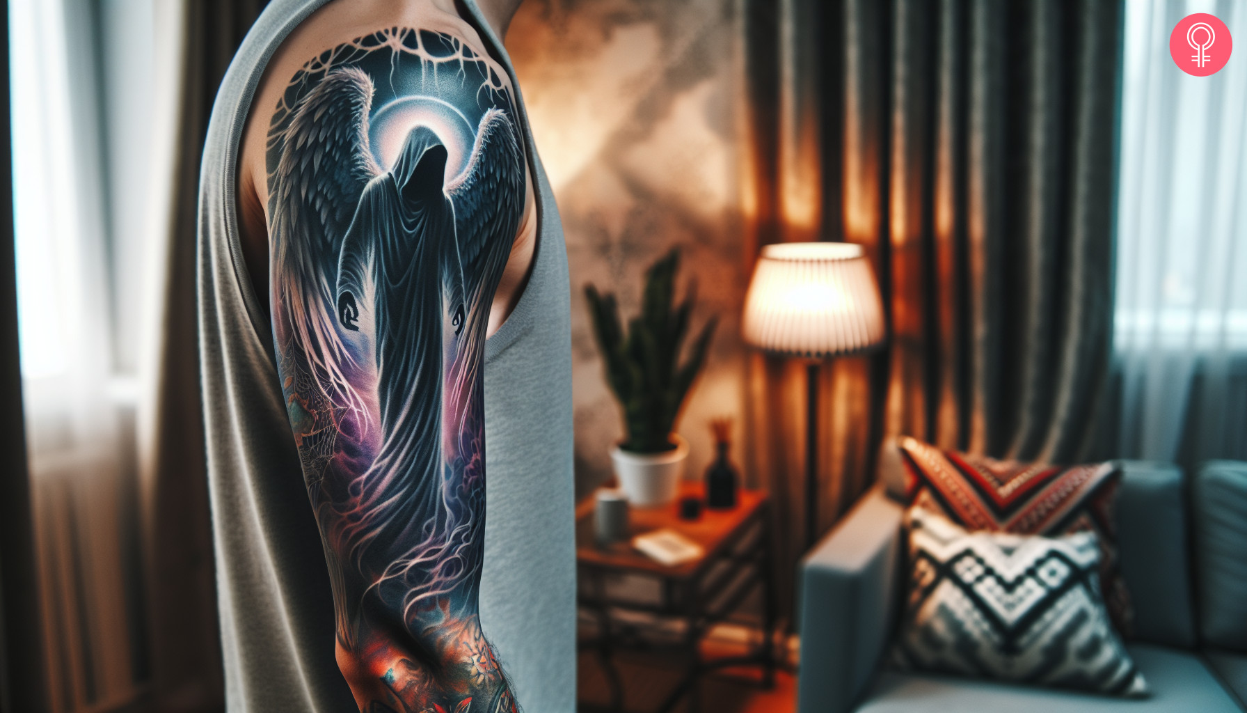 An angel of death sleeve tattoo on the arm