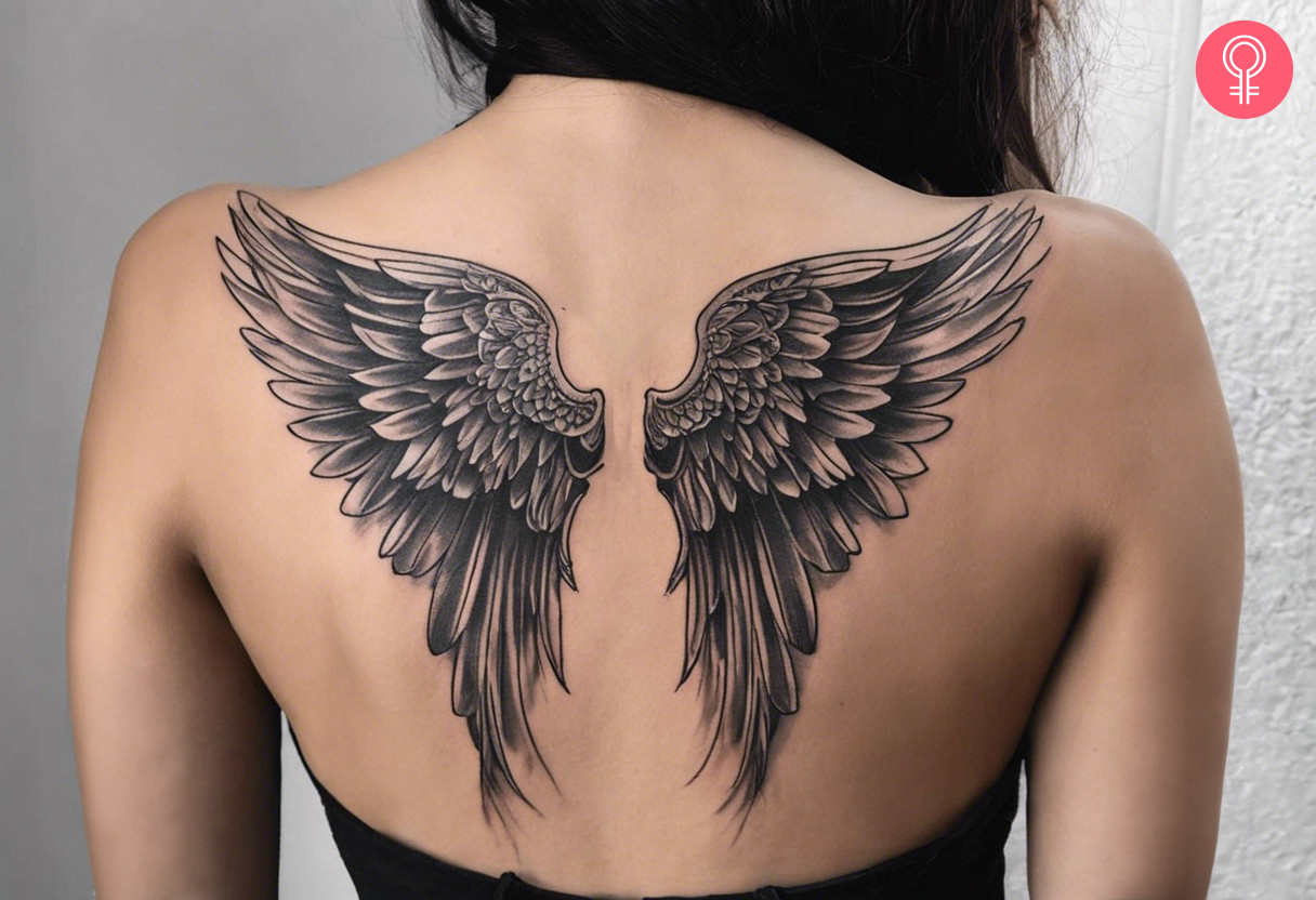 An angel of death wings tattoo on the upper back