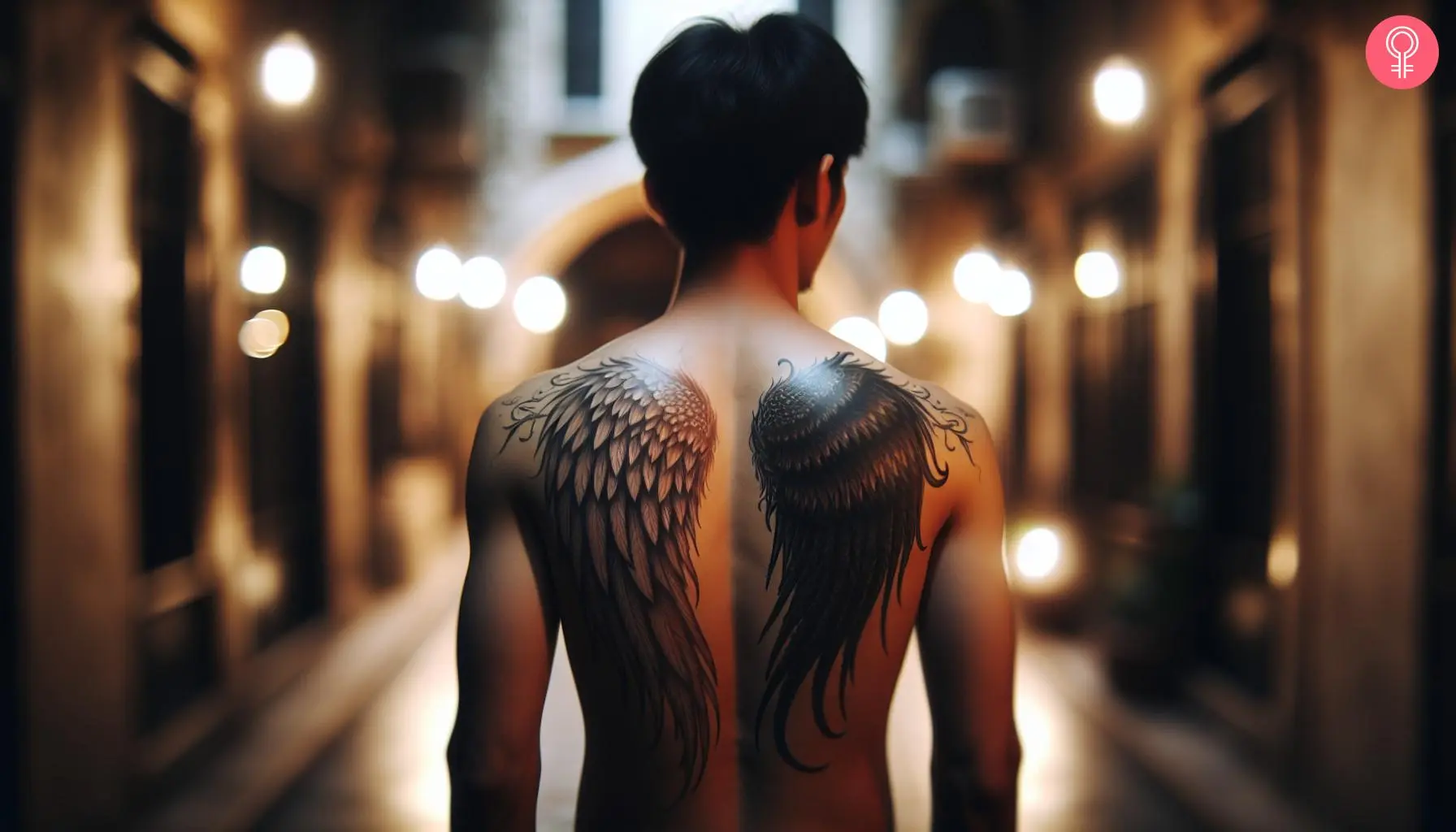 Angel and devil wings tattoo on the back of a man