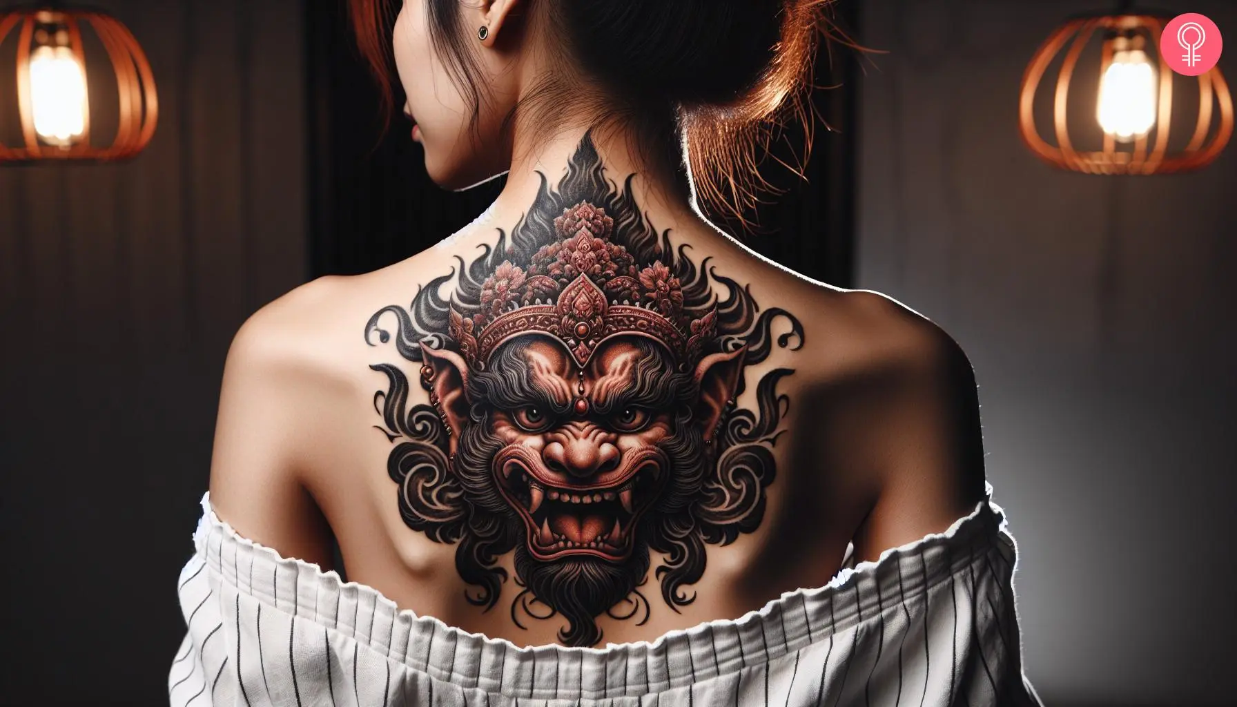 Woman with angry hanuman tattoo on her upper back