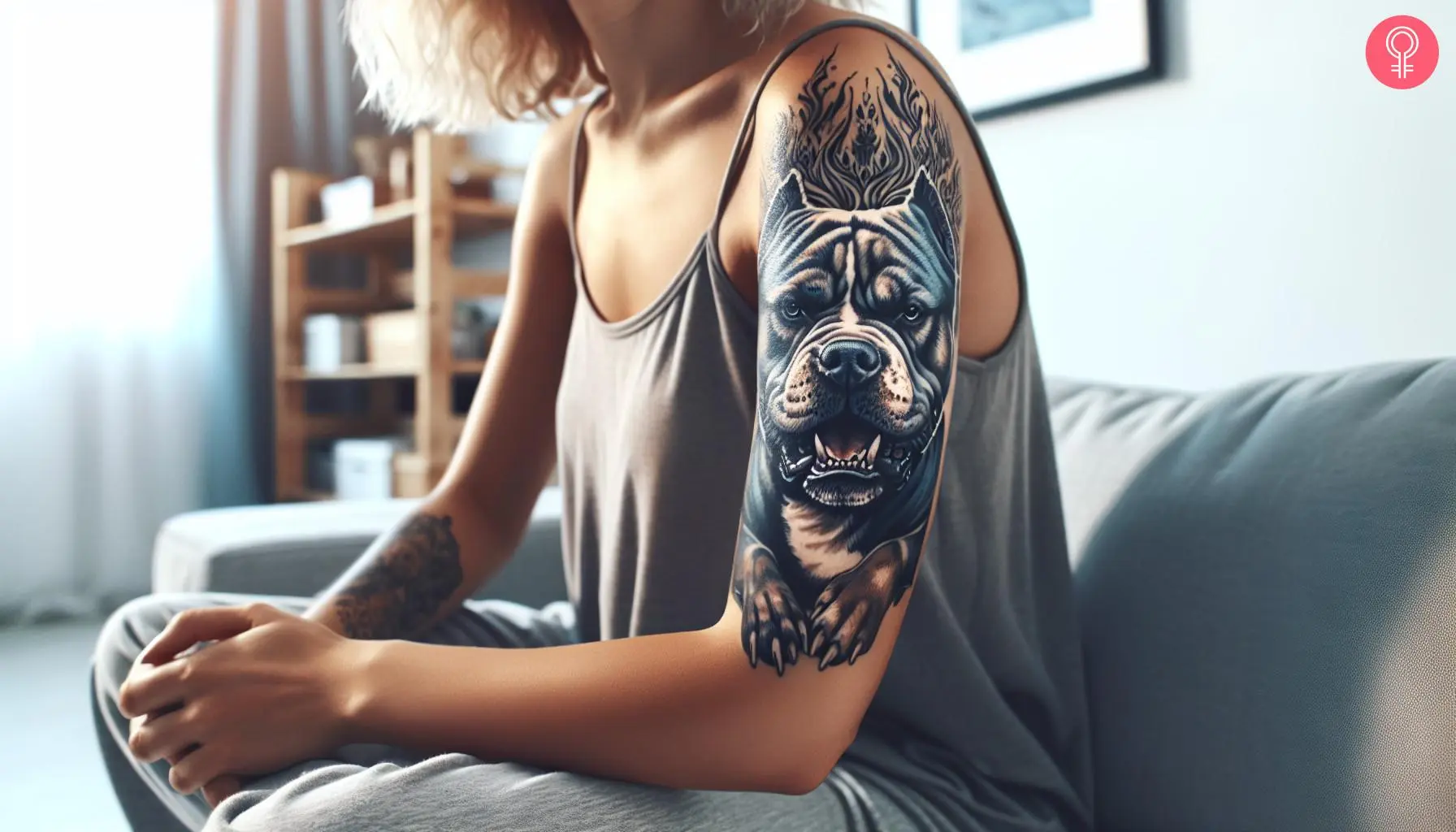 Angry Pitbull tattoo on the upper arm