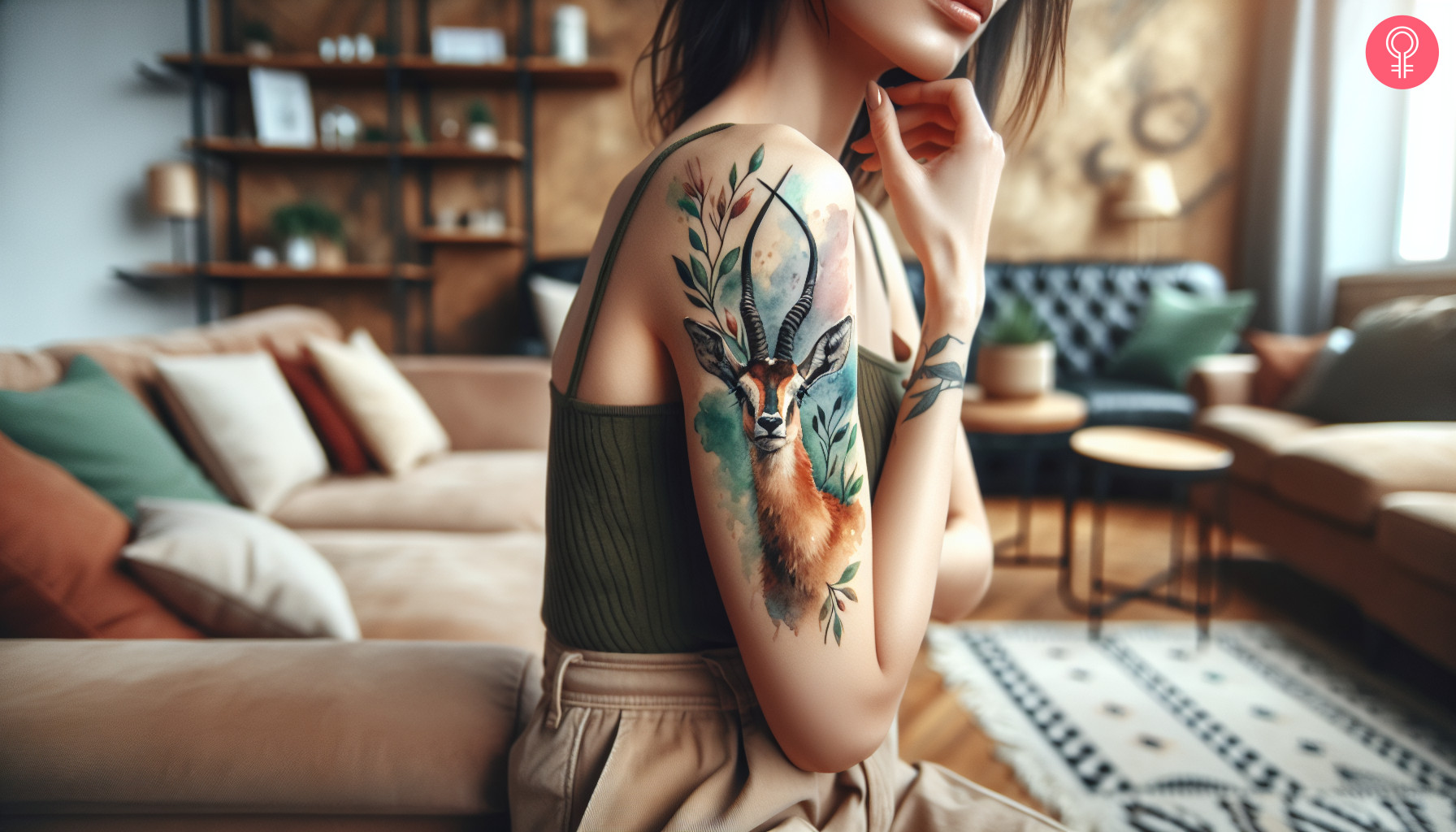 Antelope tattoo with leaf motifs on the upper arm of a woman