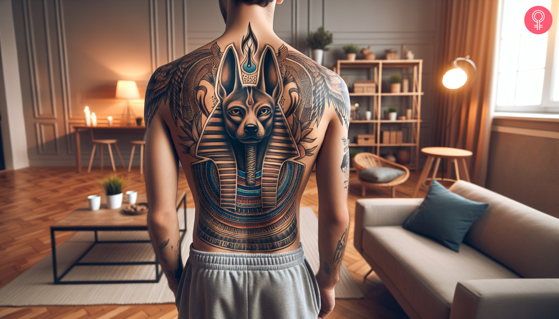 Anubis pharaoh tattoo on the back of a man