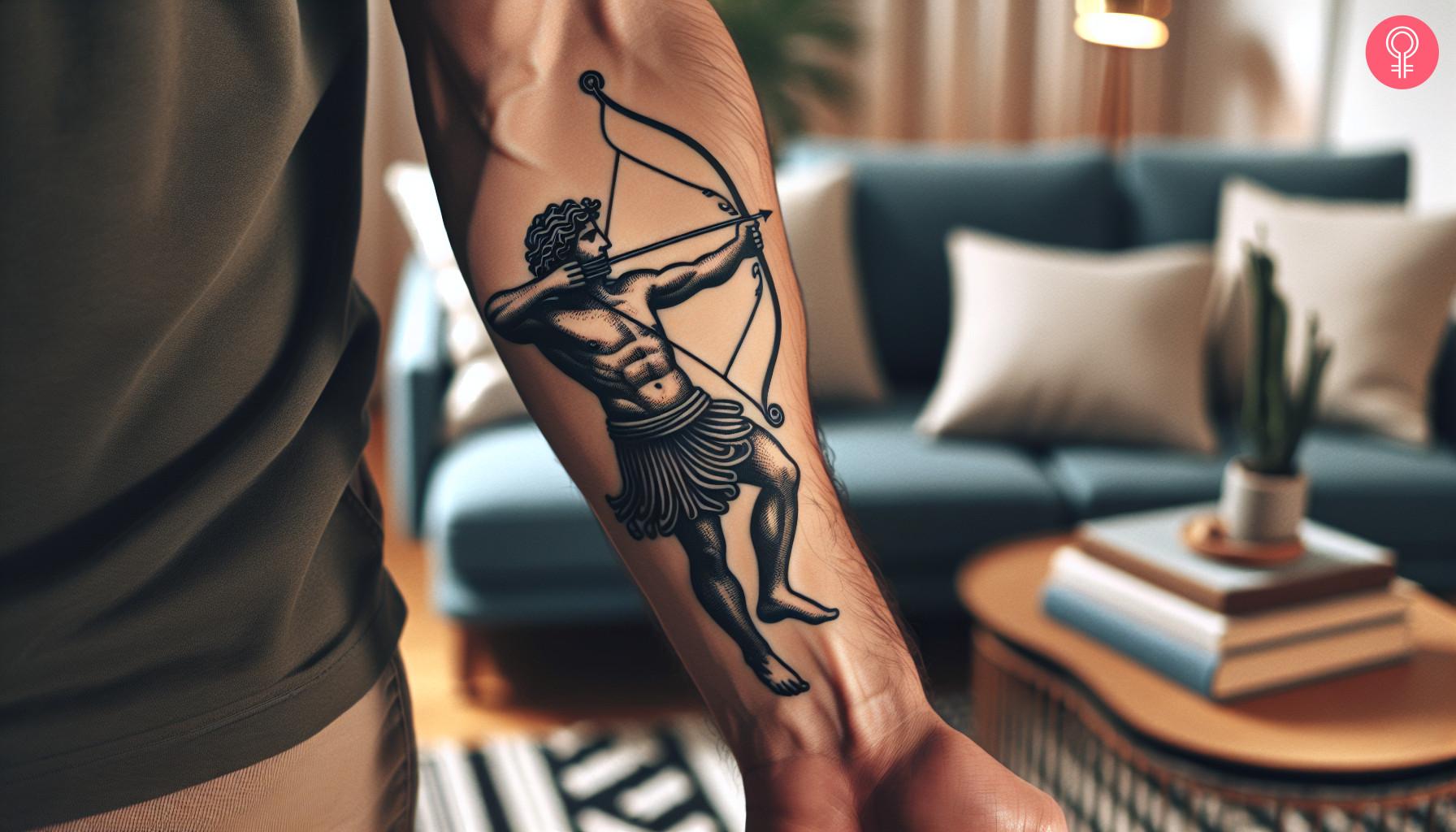 An Apollo archer tattoo on the forearm