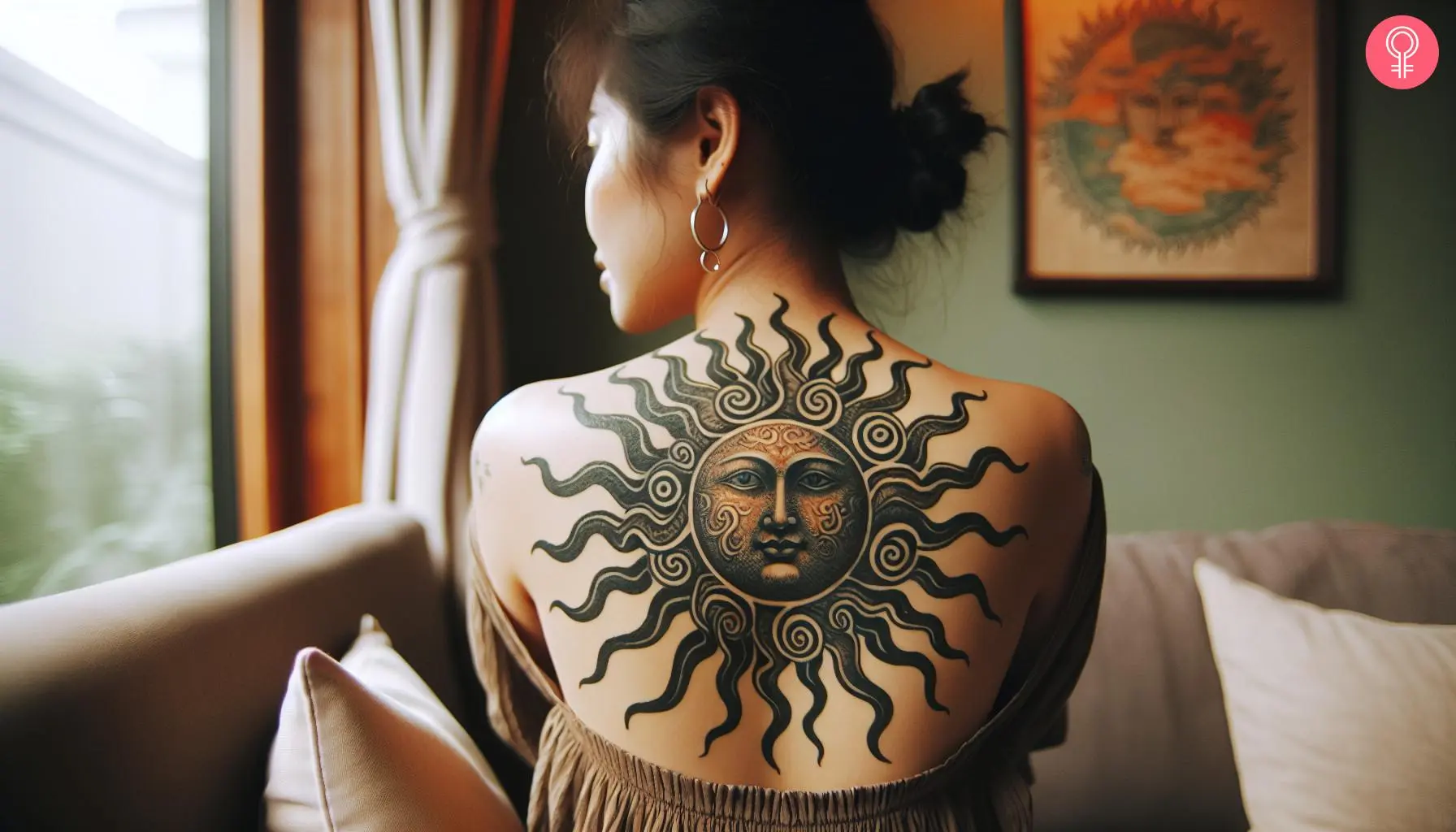 Apollo sun tattoo on the upper back