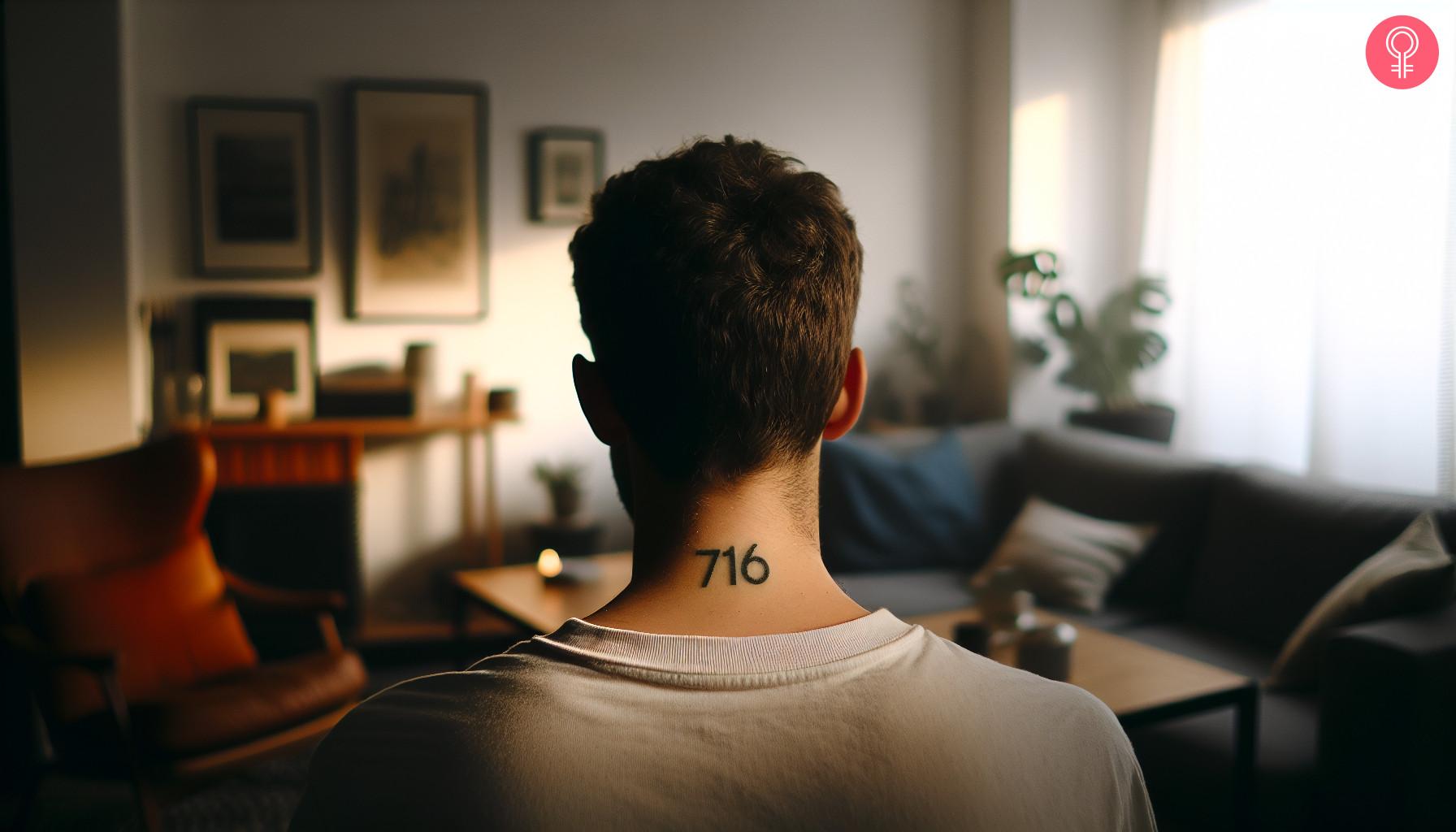 An area code tattoo on the neck of a man