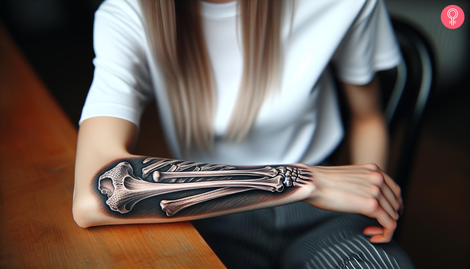 Woman with an arm bone tattoo on her forearm