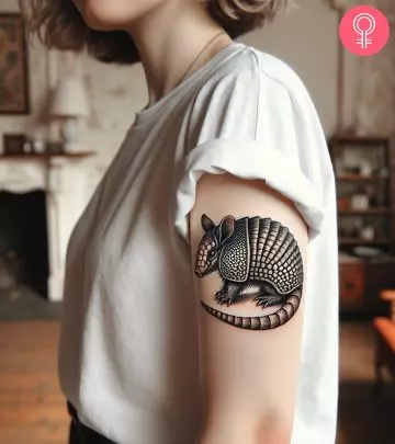 A swirl tattoo on the upper arm of a woman