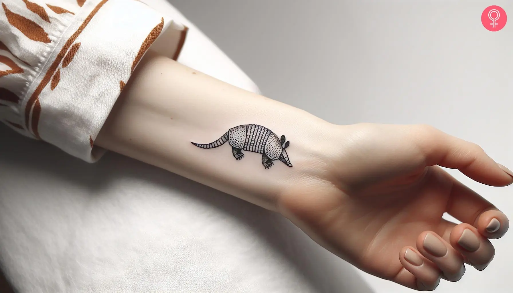 Armadillo tattoo on the wrist of a woman