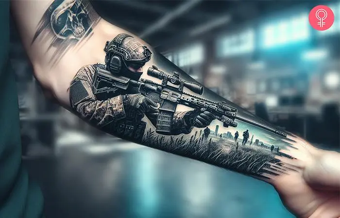 Army sniper tattoo on the forearm of a man