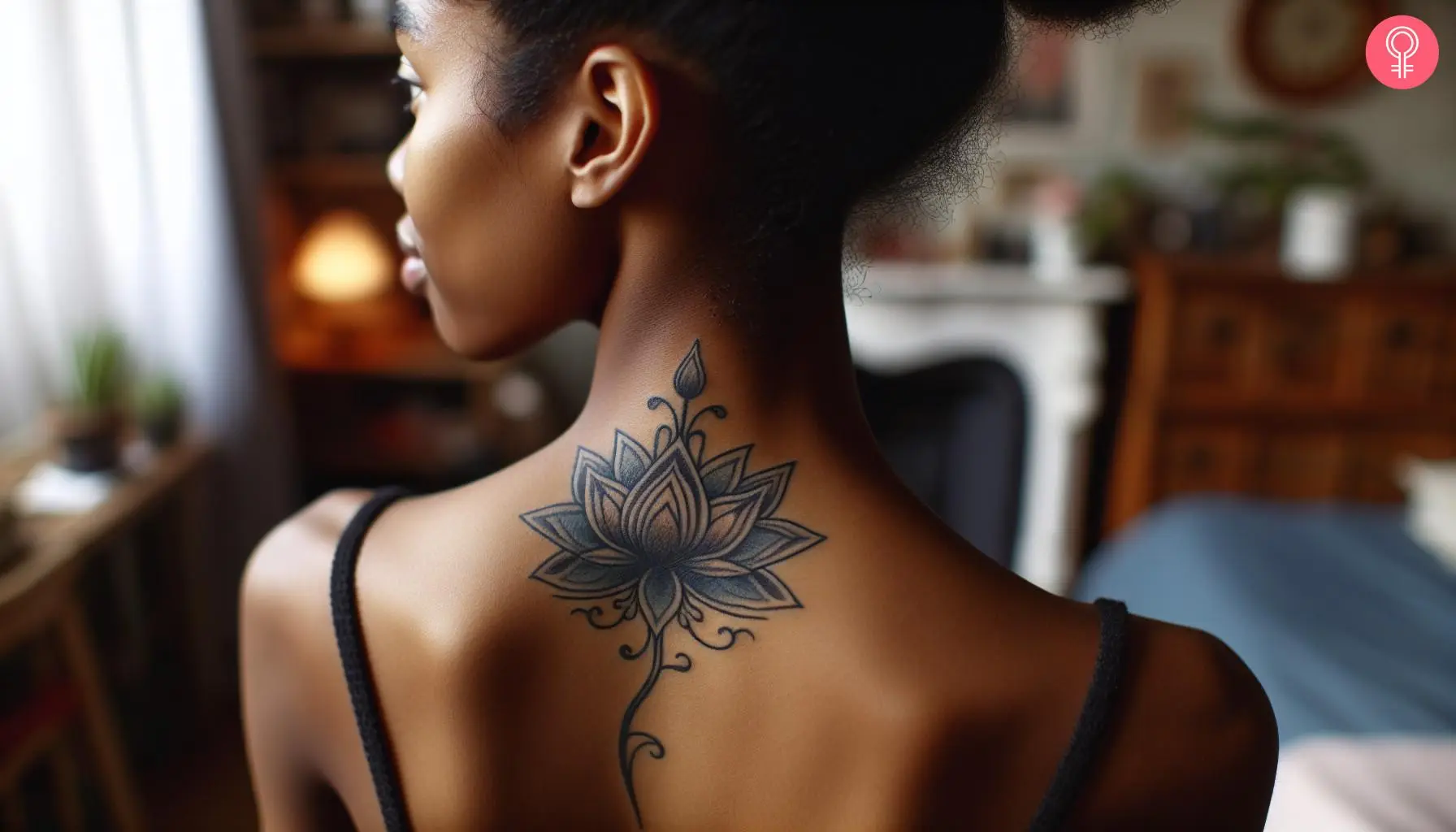 An art nouveau style lotus tattoo on the upper back of a woman