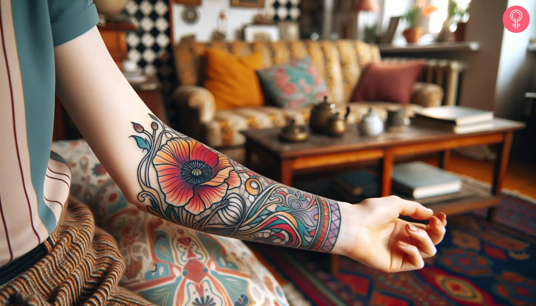 An art nouveau style poppy tattoo on the forearm of a woman