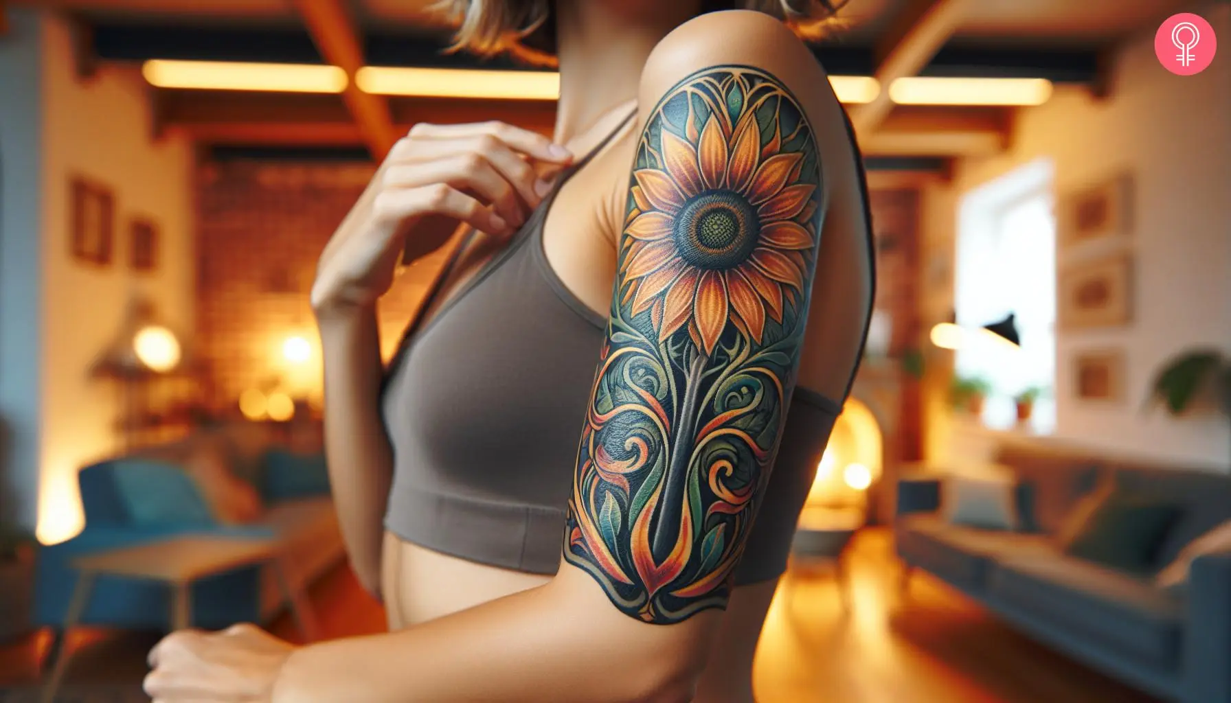 An art nouveau style sunflower tattoo sleeve on the upper arm of a woman