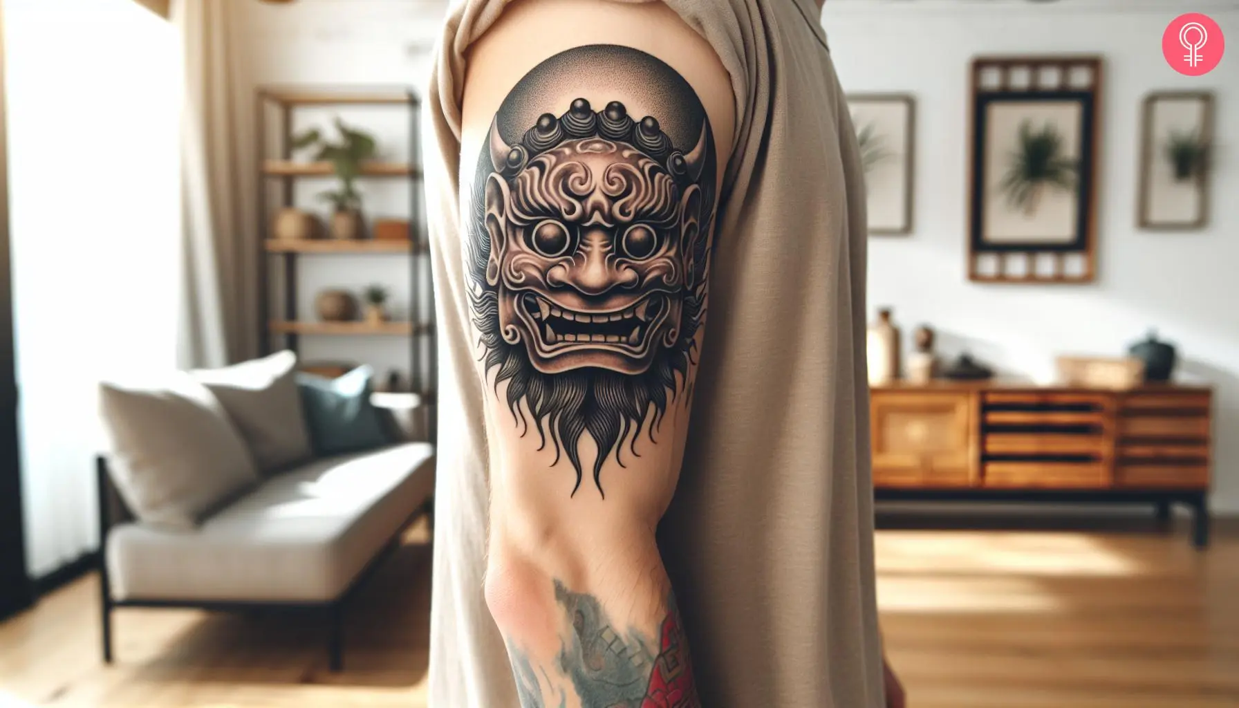 Asian jing mask on the upper arm