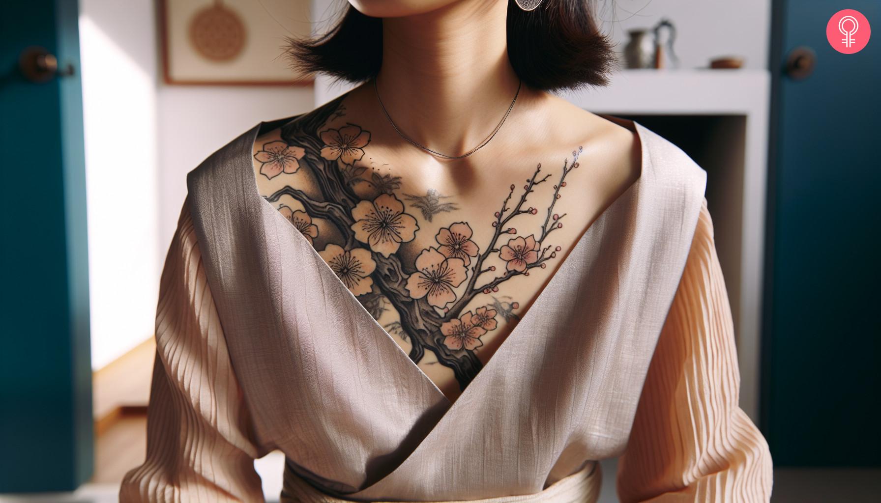 Asian chest tattoo of cherry blossoms